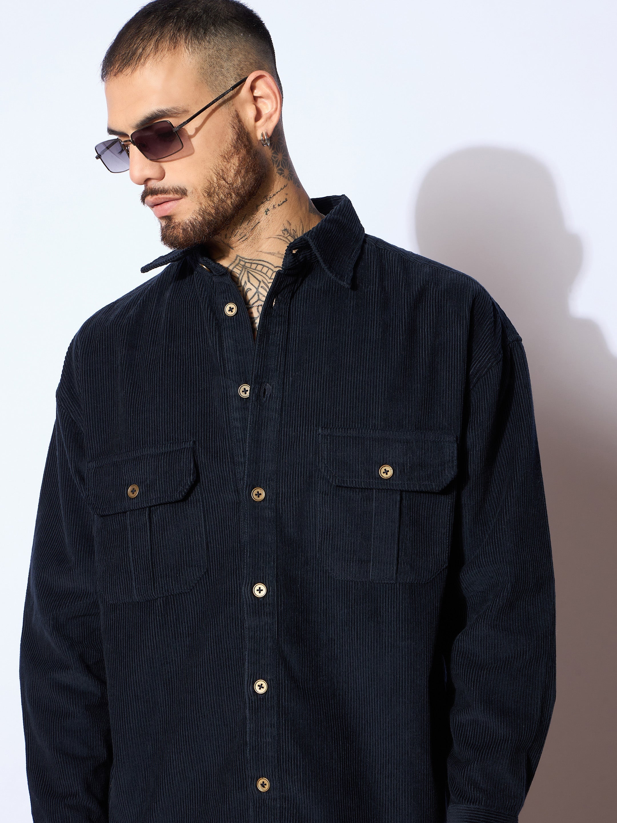 Men Navy Corduroy Elbow Patch Oversize Shirt