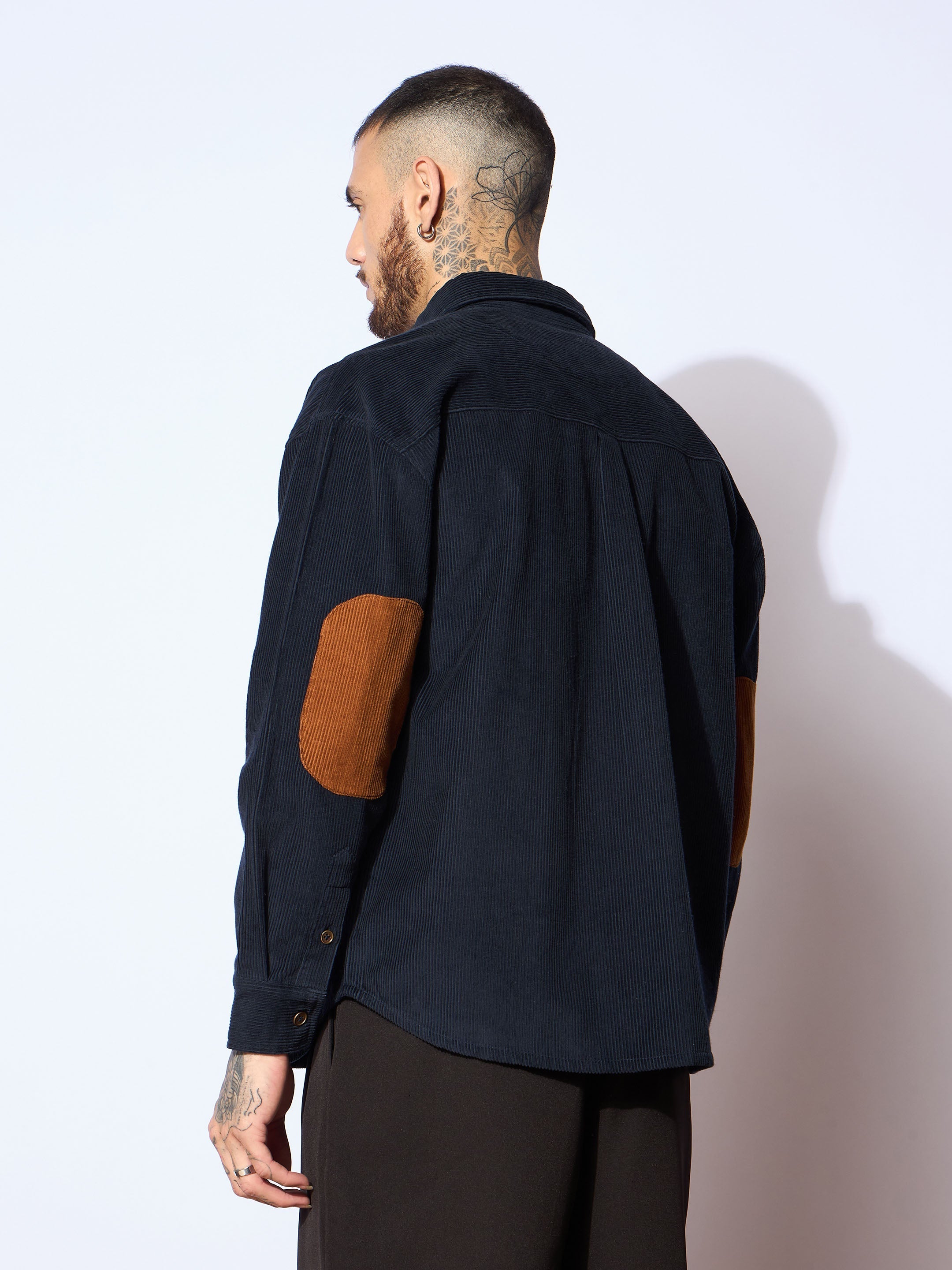 Men Navy Corduroy Elbow Patch Oversize Shirt