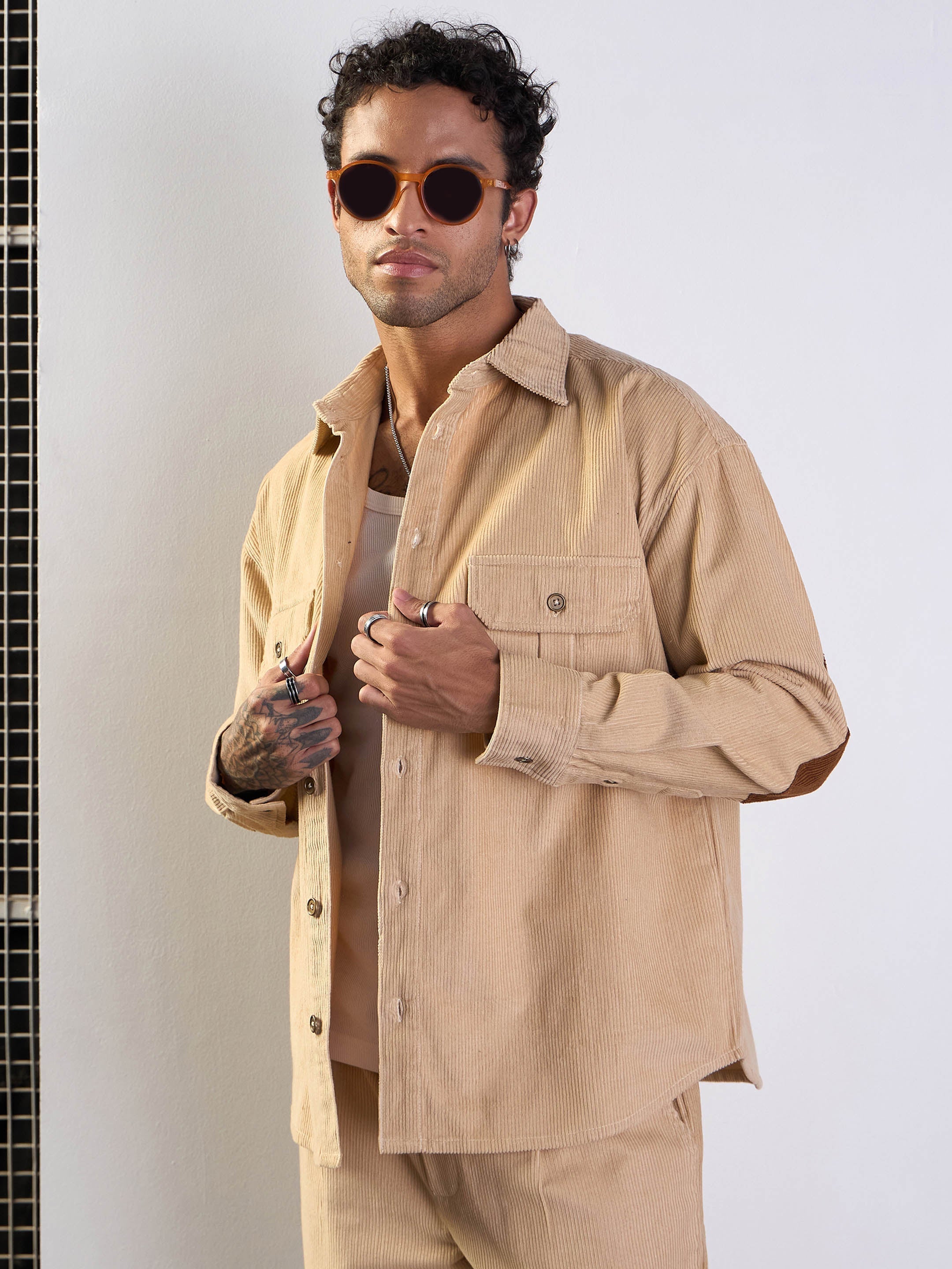 Men Beige Corduroy Elbow Patch Oversize Shirt