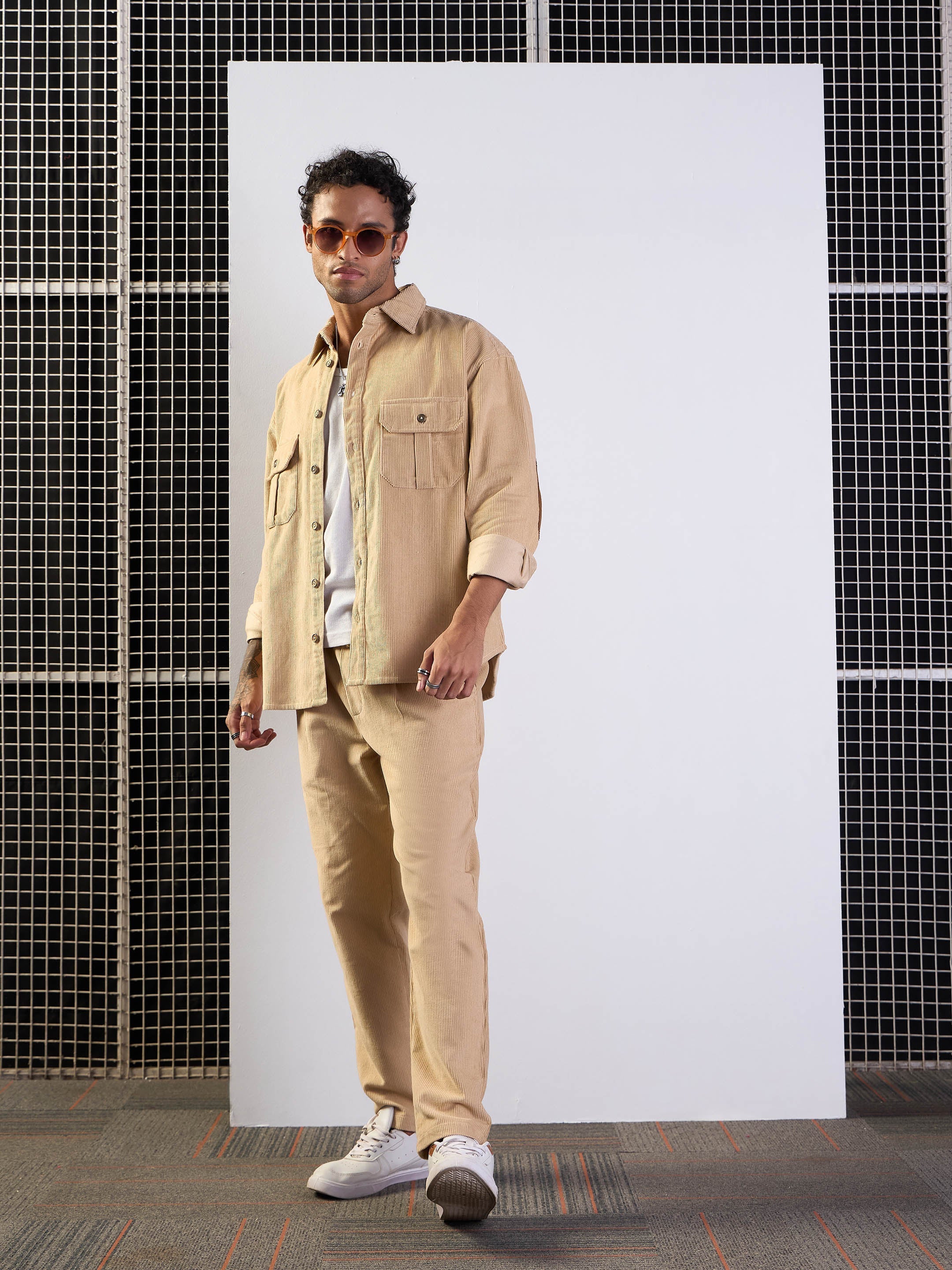 Men Beige Corduroy Elbow Patch Oversize Shirt