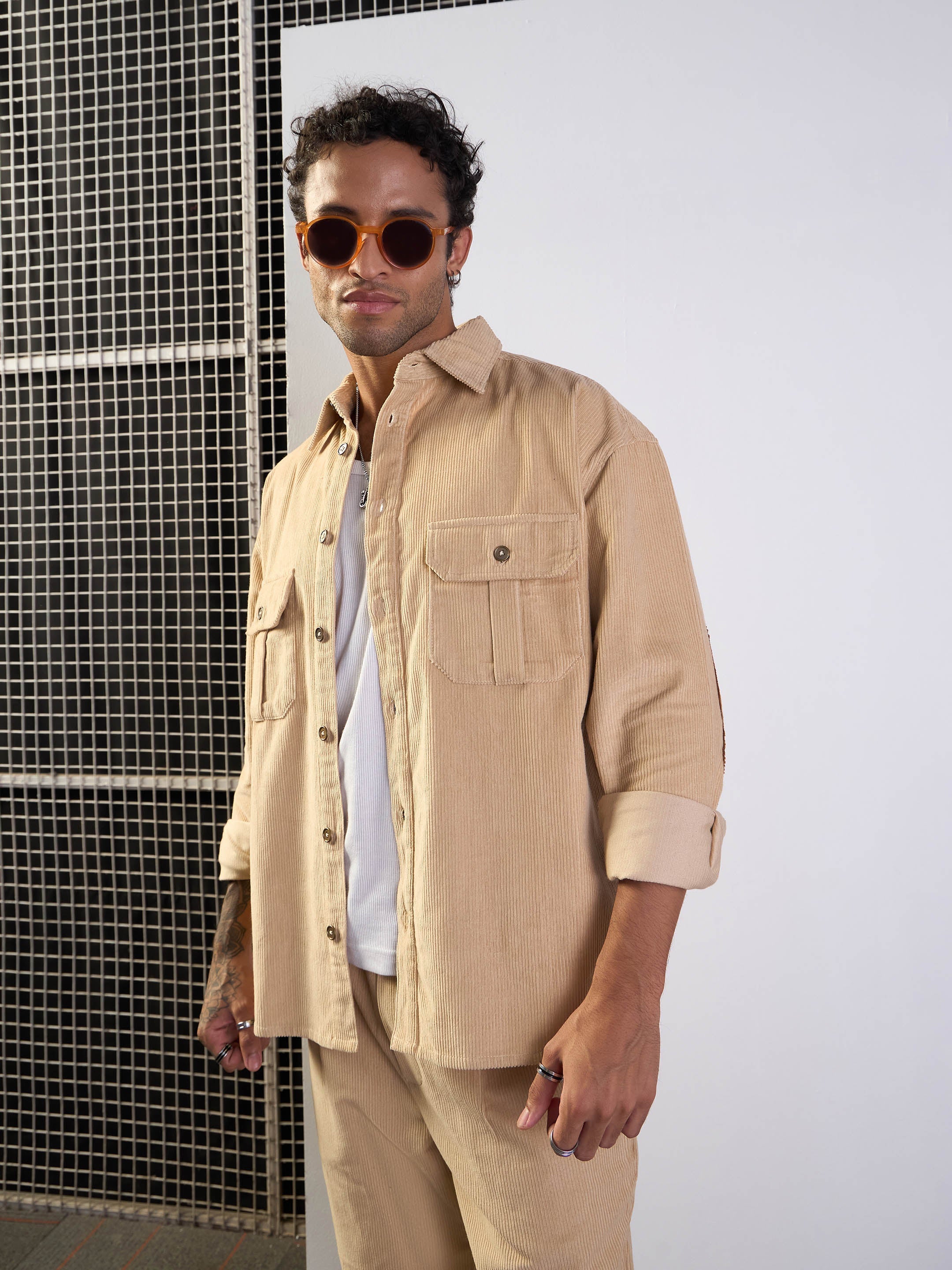 Men Beige Corduroy Elbow Patch Oversize Shirt