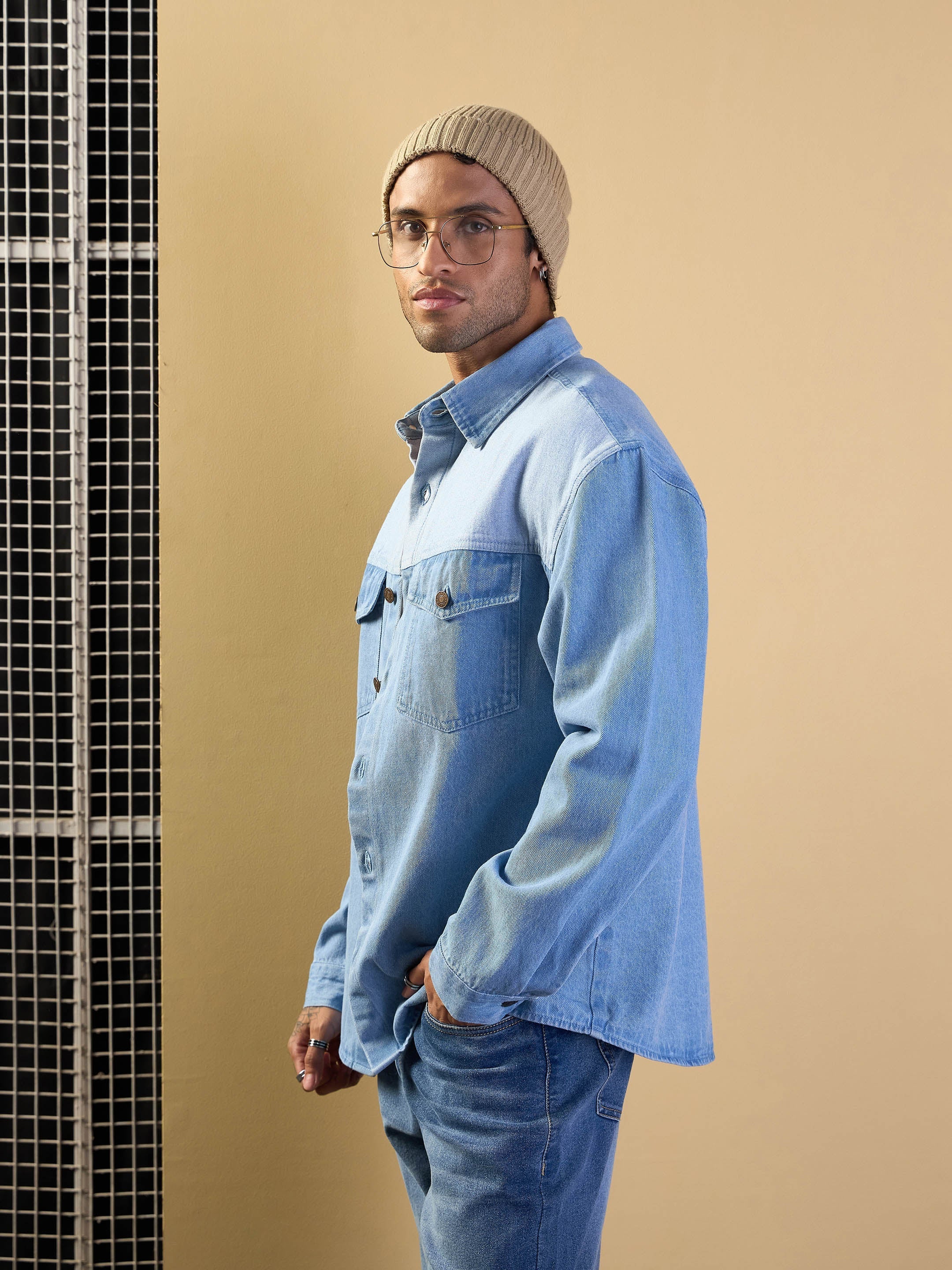 Men Light Blue Color Block Oversize Shacket