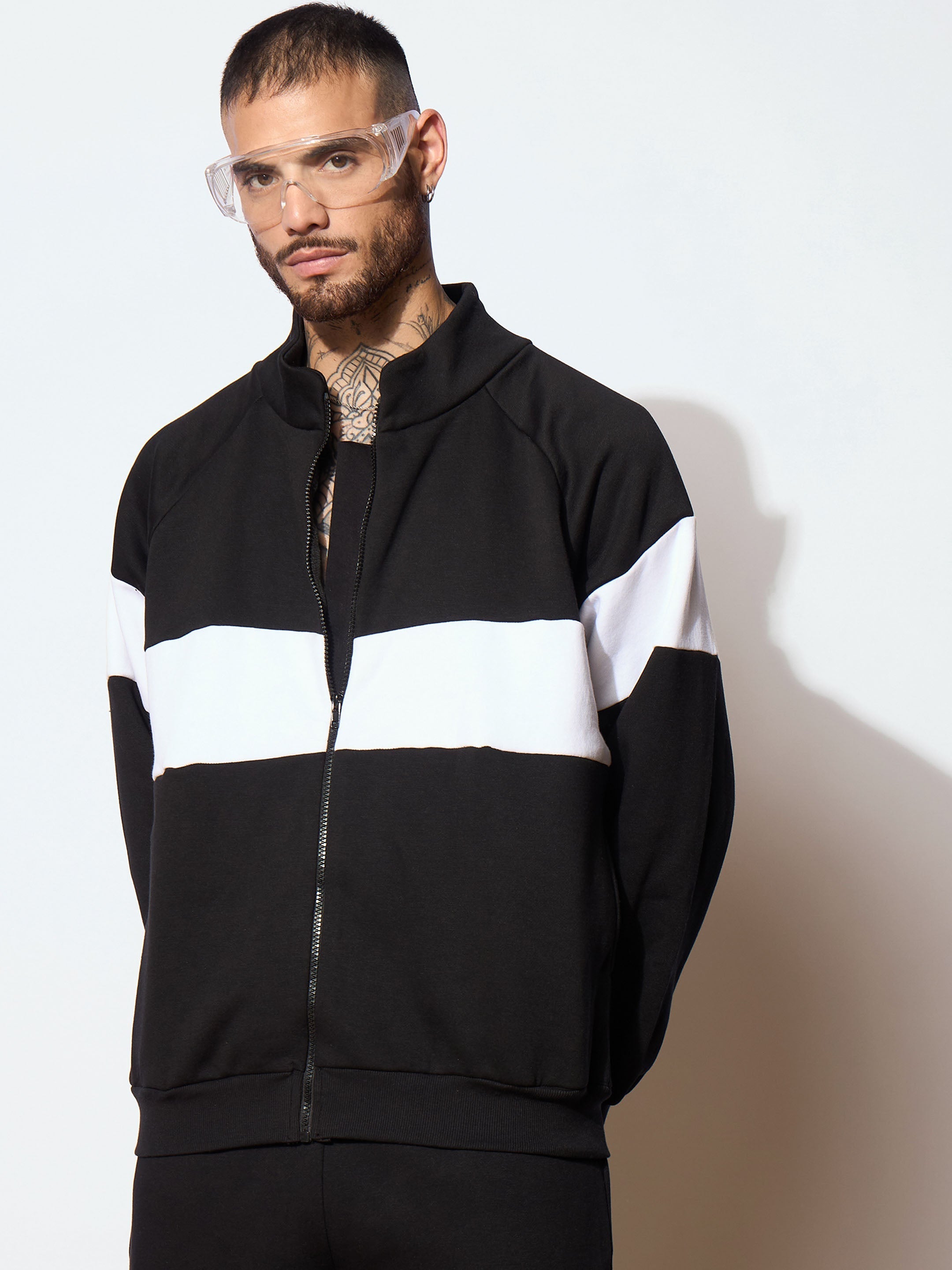 Men Black & White Colorblock Oversized Zipper Sweatshirt