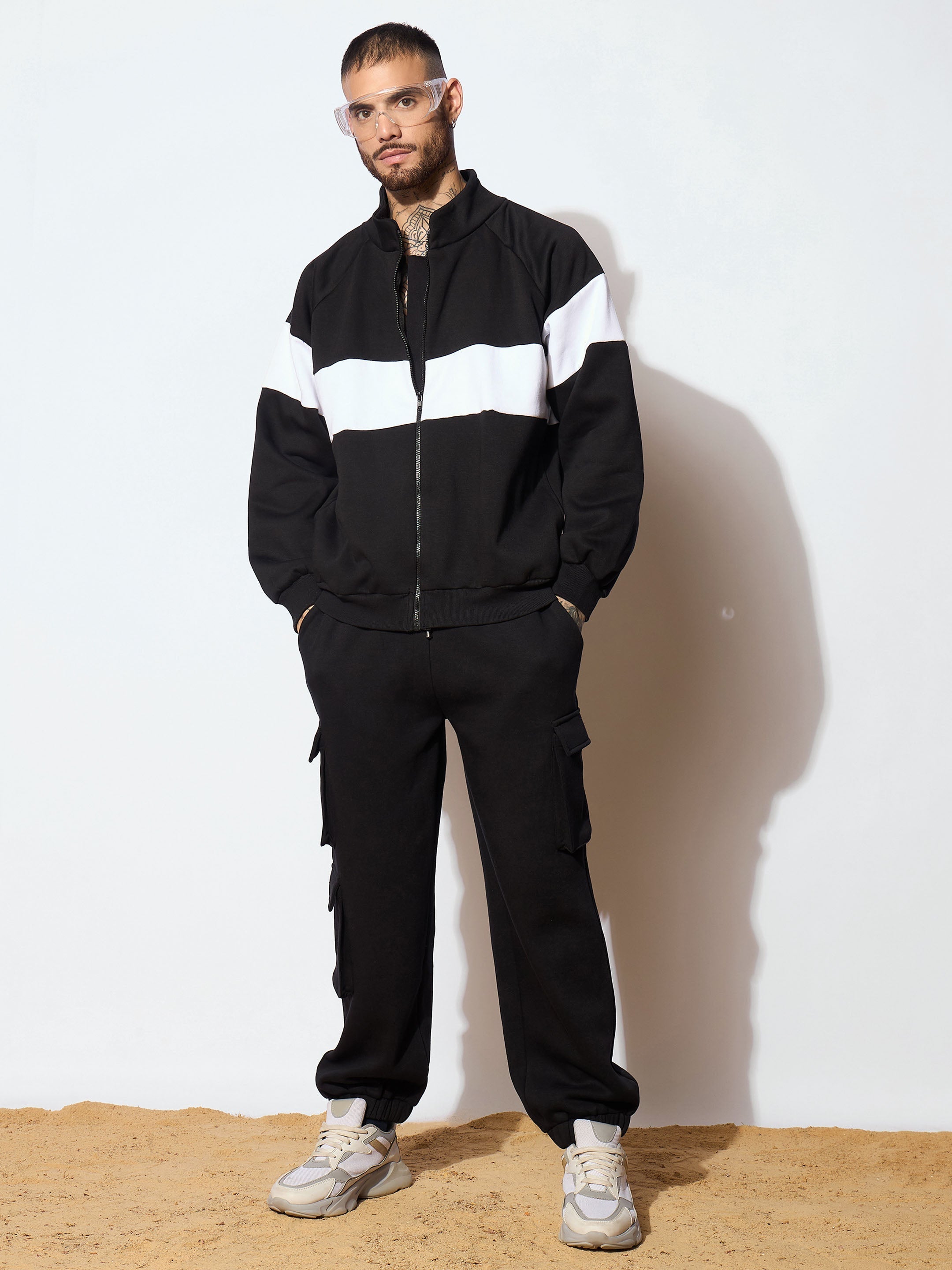 Men Black & White Colorblock Oversized Zipper Sweatshirt