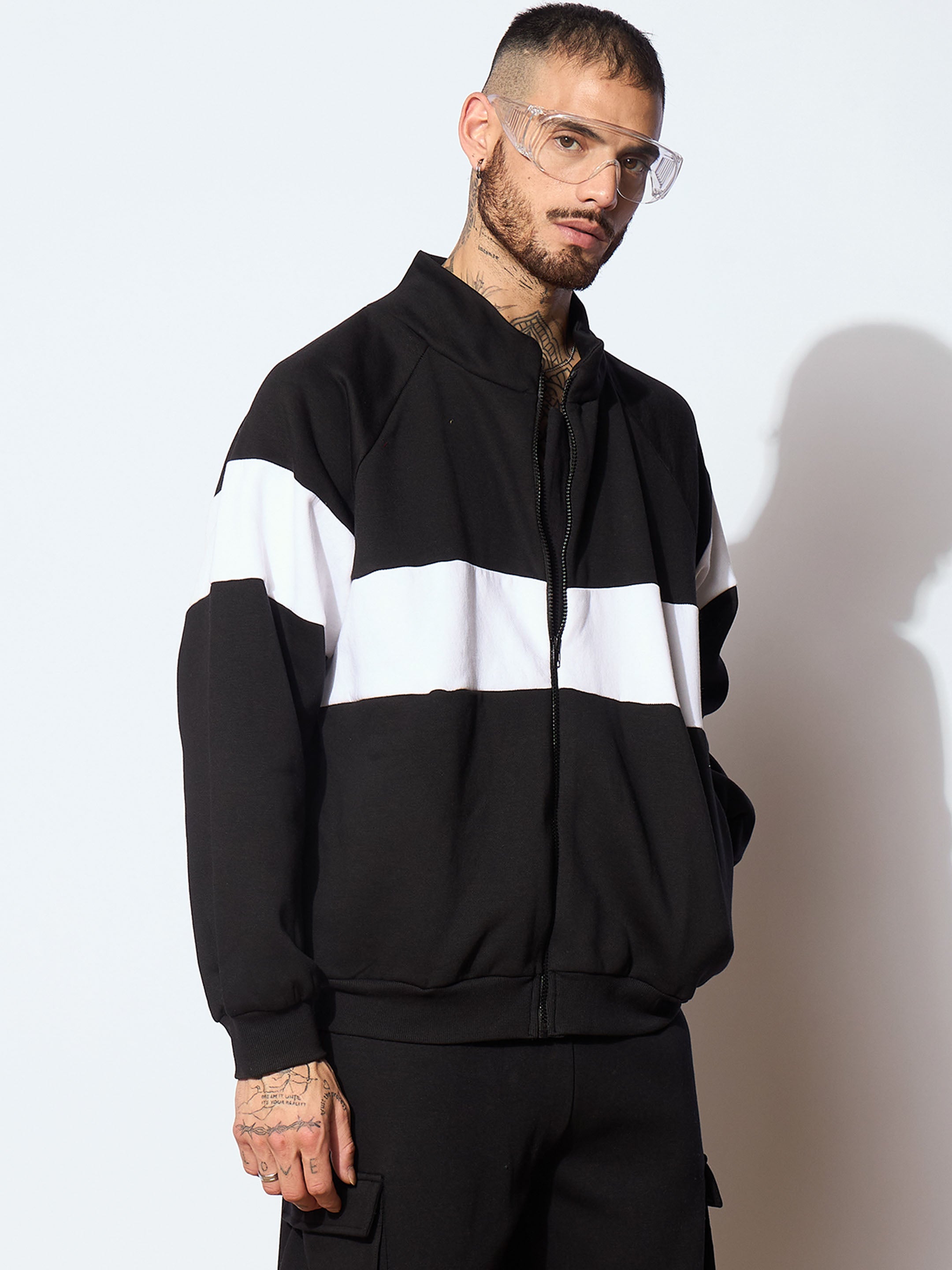 Men Black & White Colorblock Oversized Zipper Sweatshirt