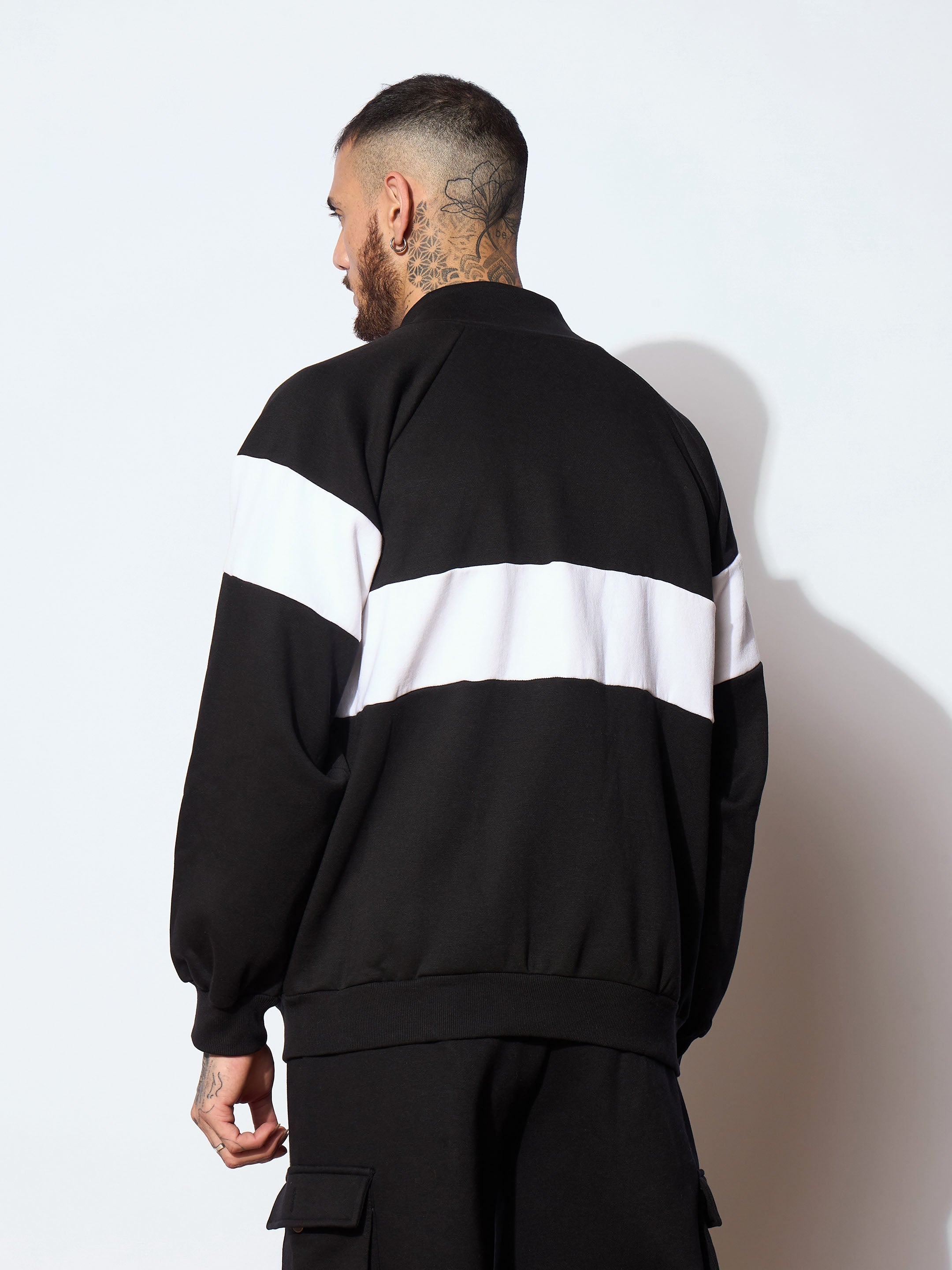 Men Black & White Colorblock Oversized Zipper Sweatshirt