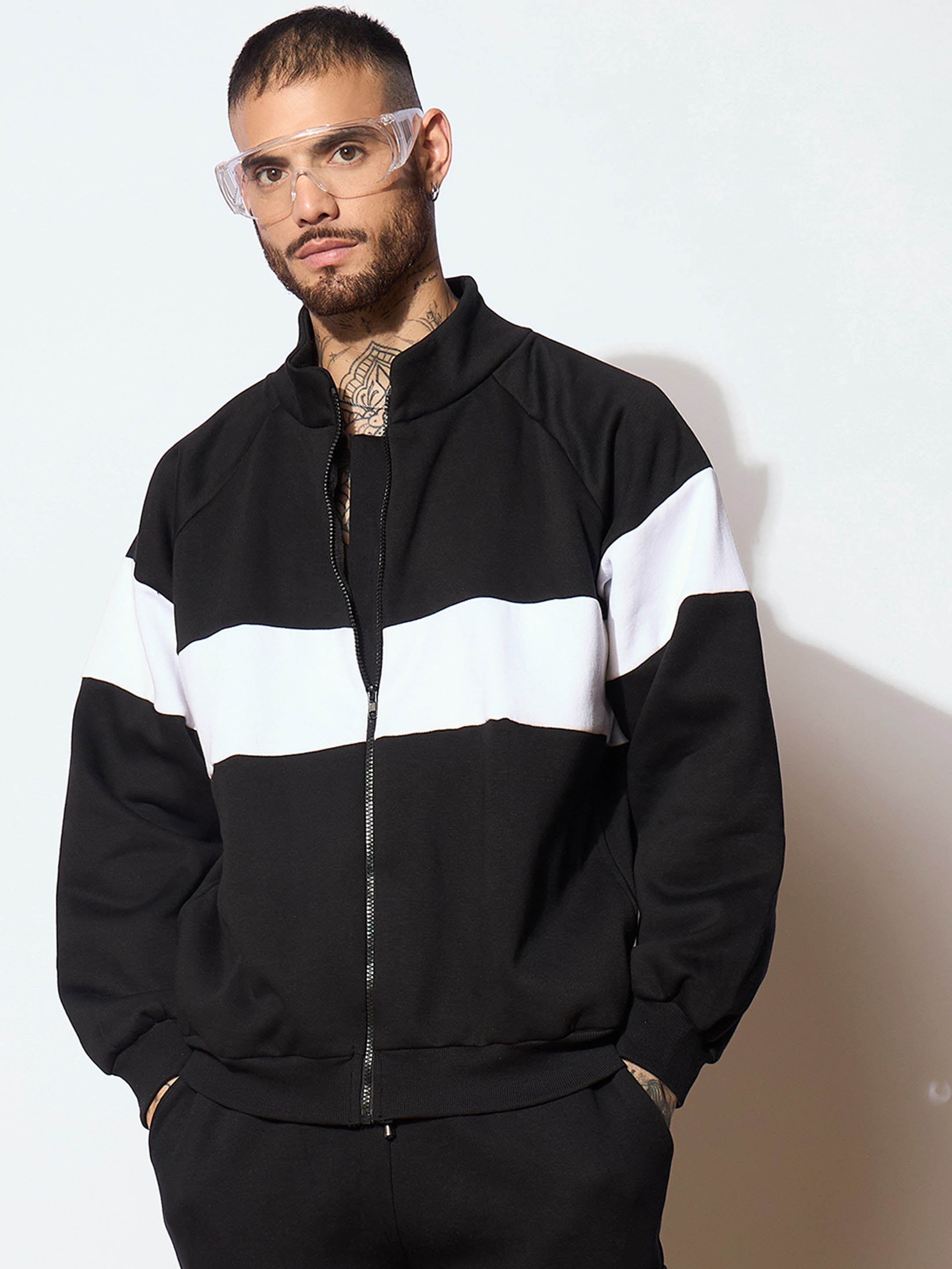 Men Black & White Colorblock Oversized Zipper Sweatshirt