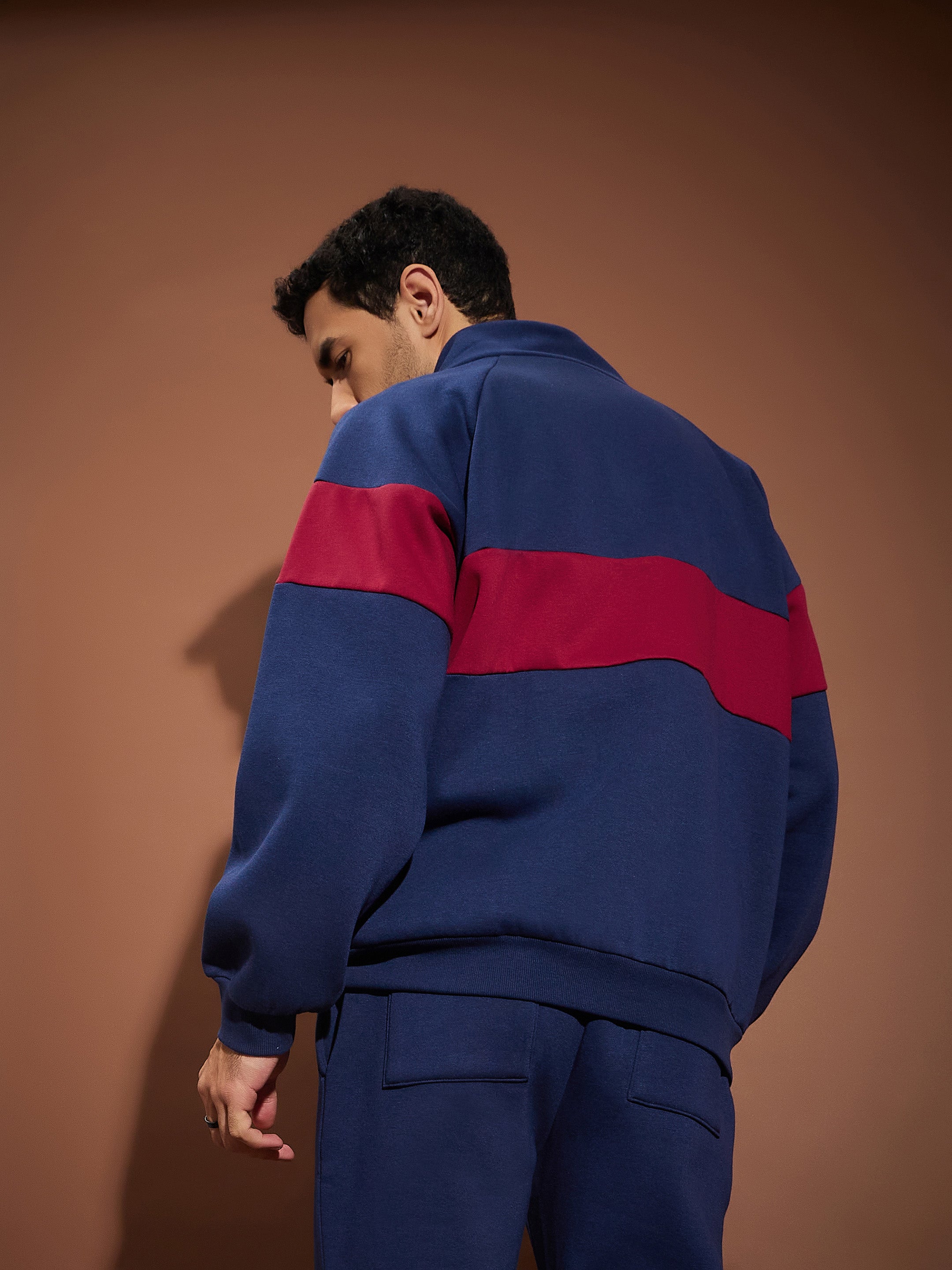 Men Navy & Maroon Colorblock Oversized Zipper Sweatshirt