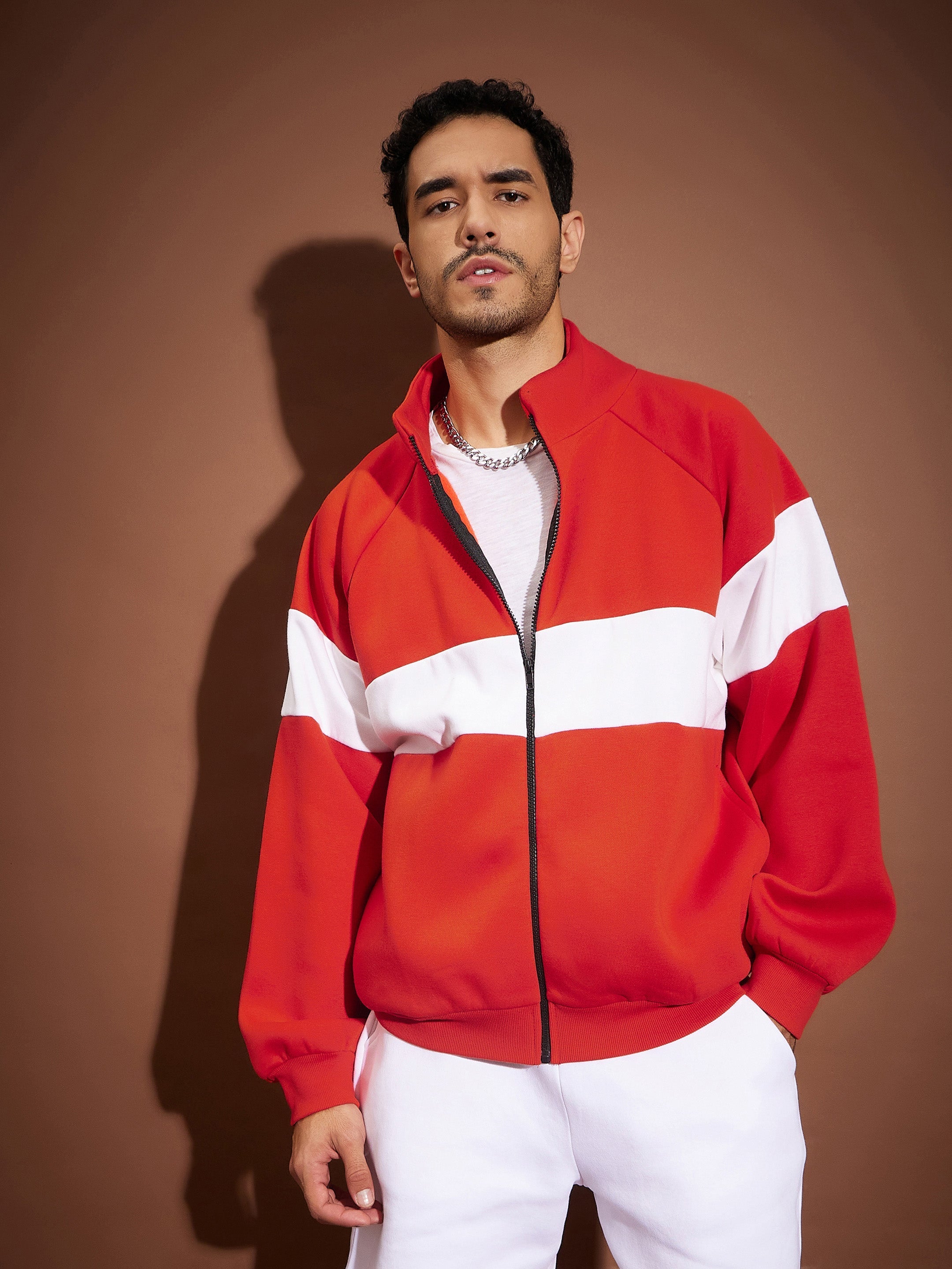 Men Red & White Colorblock Oversized Zipper Sweatshirt