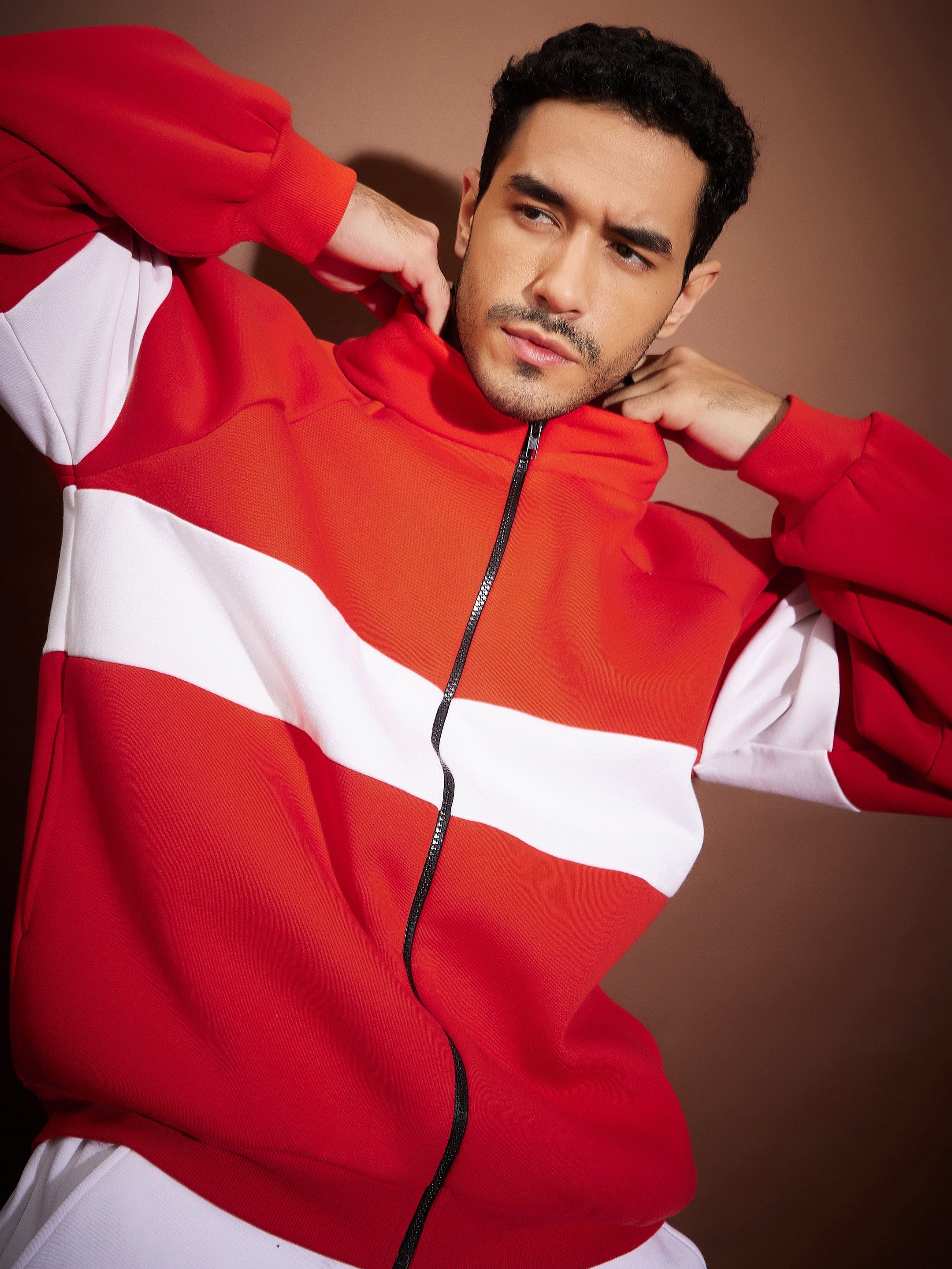 Men Red & White Colorblock Oversized Zipper Sweatshirt