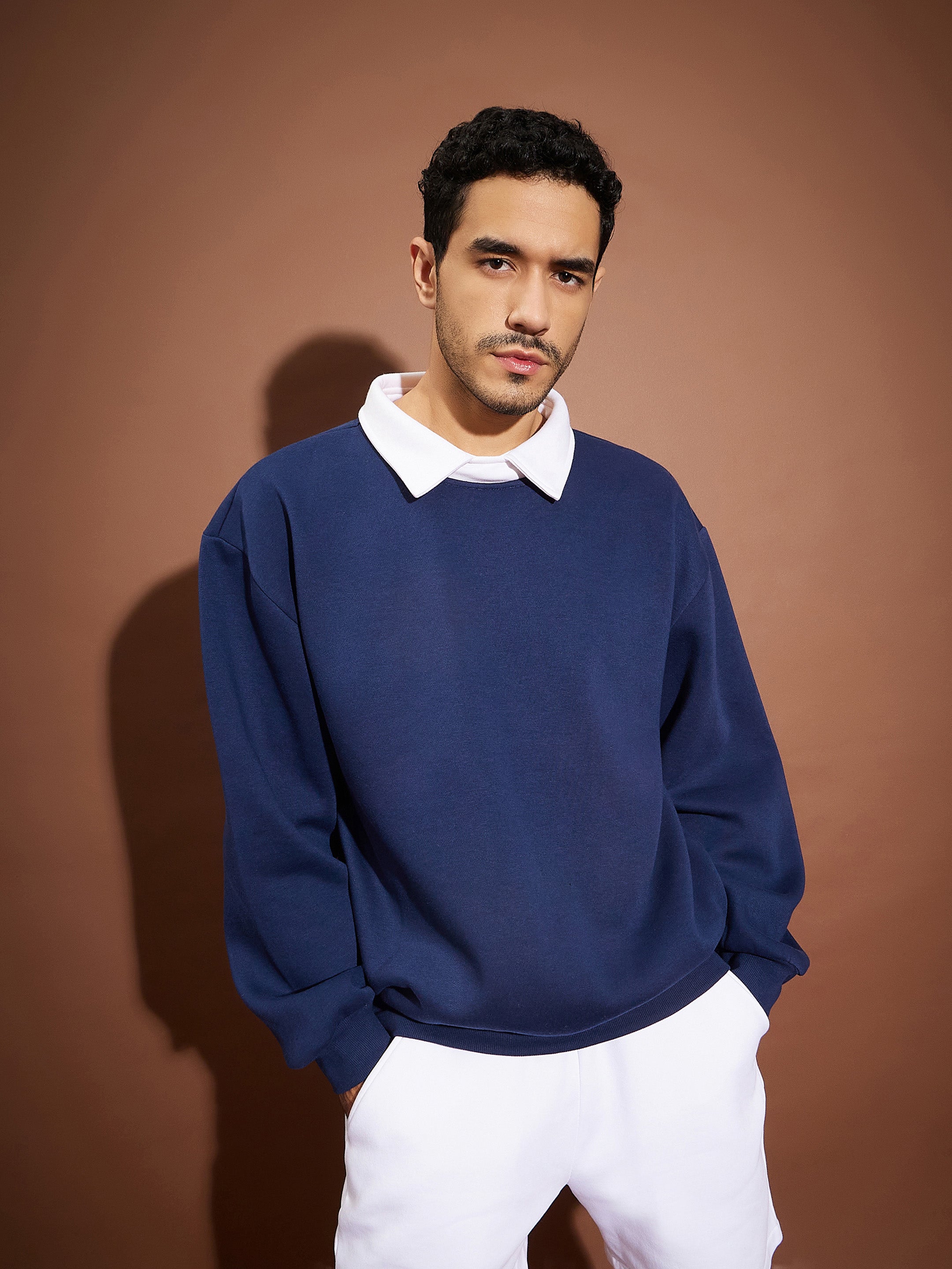 Men Navy Contrast Collar Oversized Sweatshirt