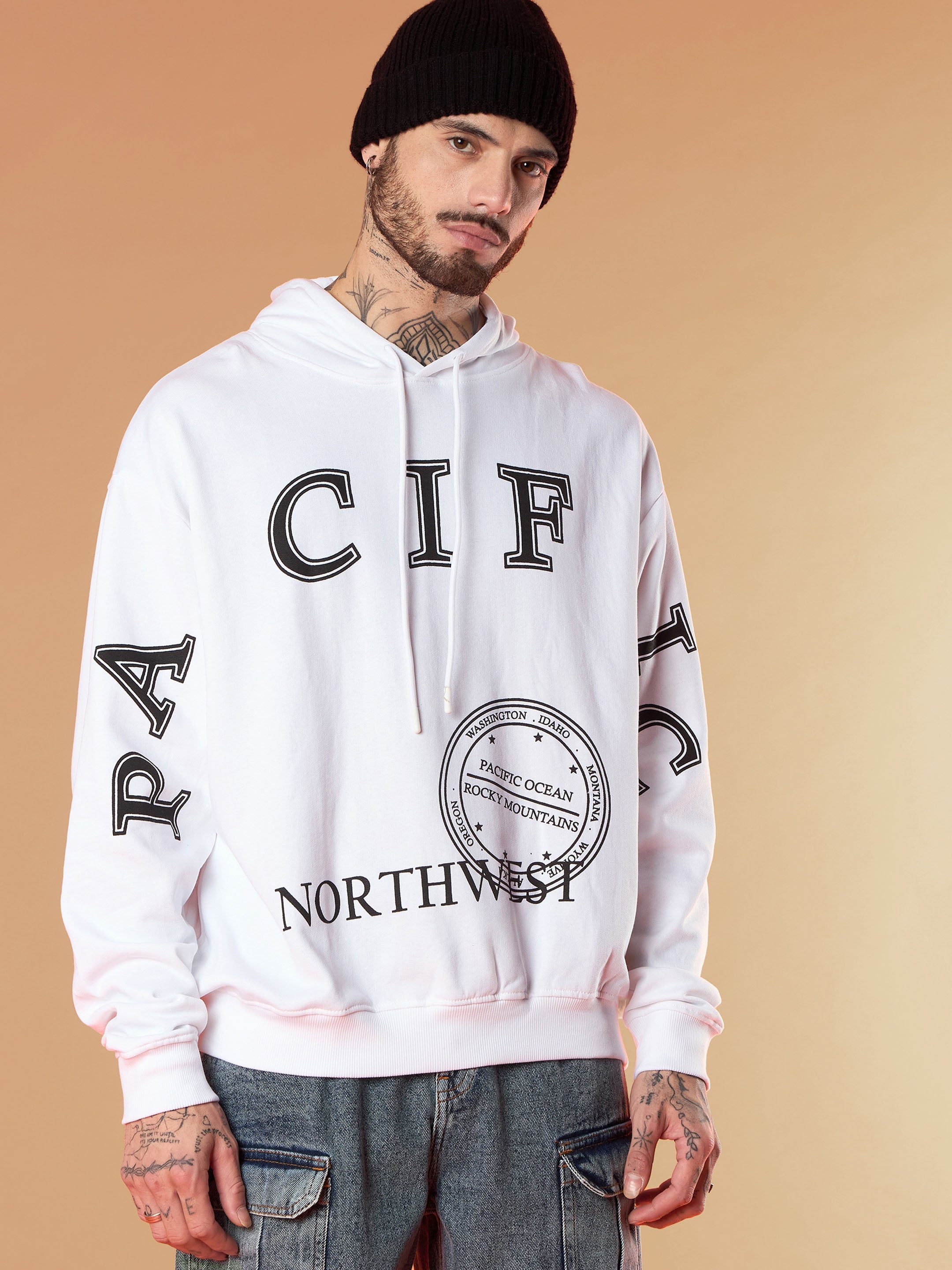 Men White PACIFIC Oversized Hoodie