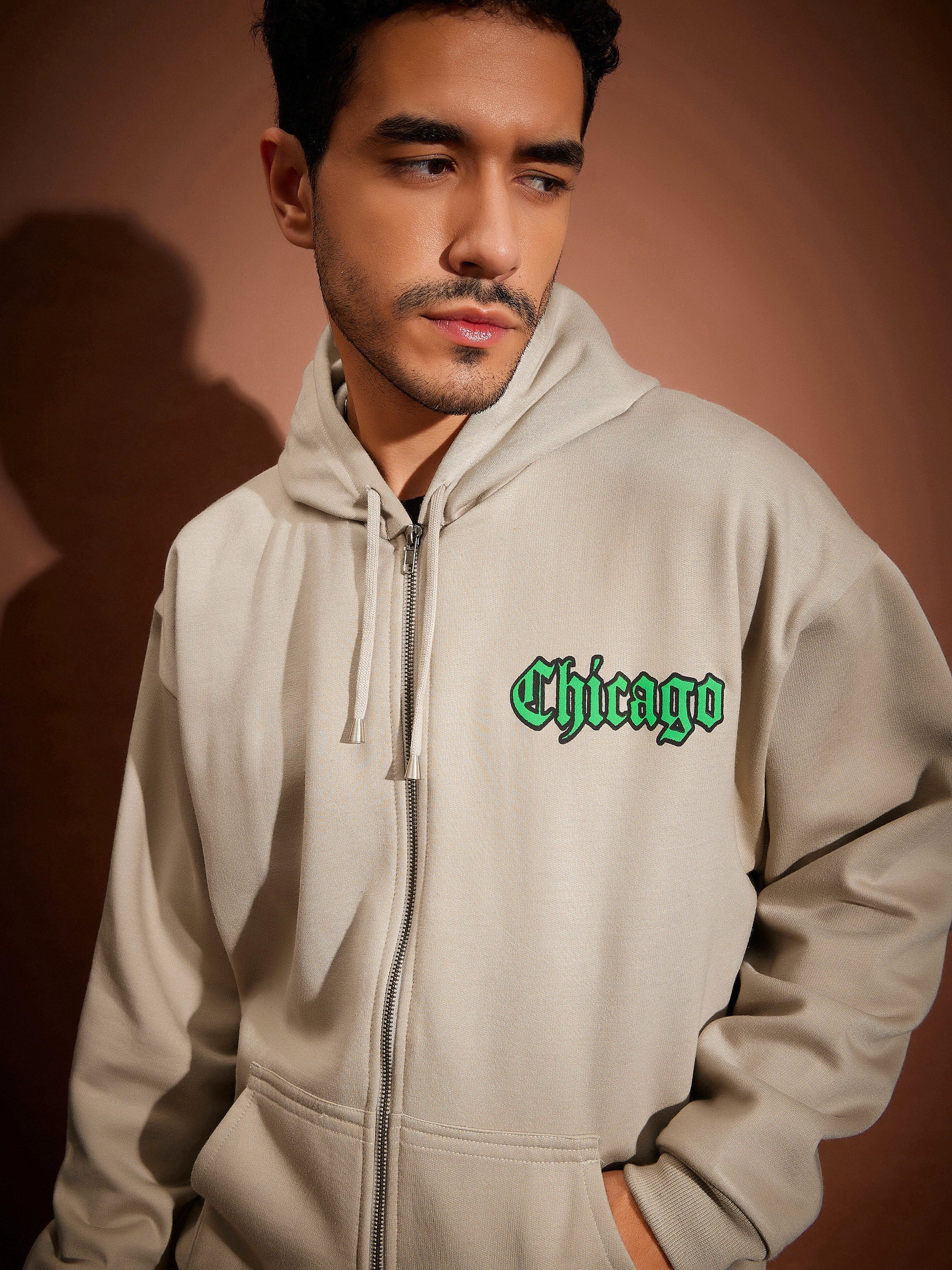 Men Taupe CHICAGO Oversized Zipper Hoodie