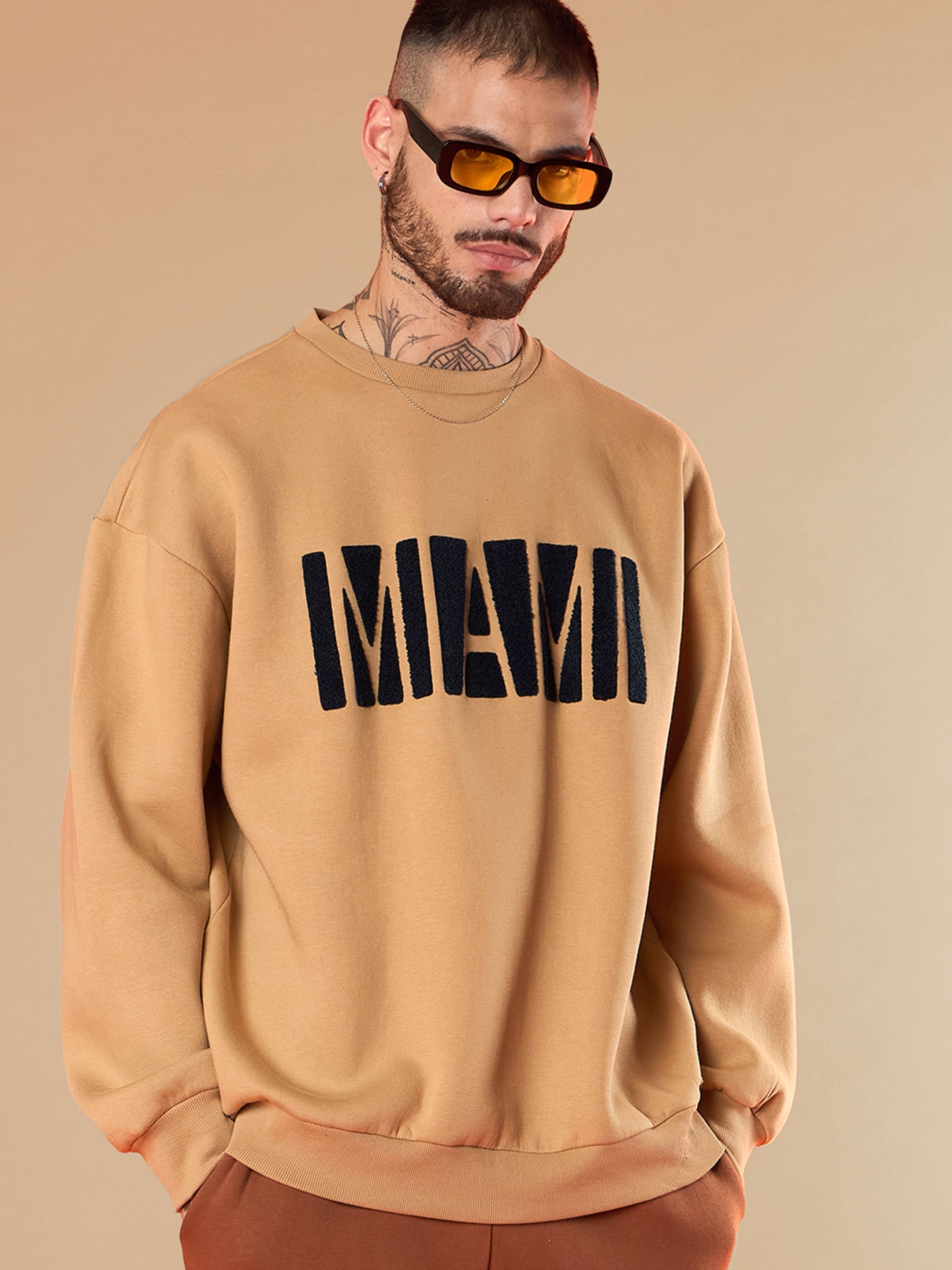 Men Beige MIAMI Embroidery Oversize Sweatshirt