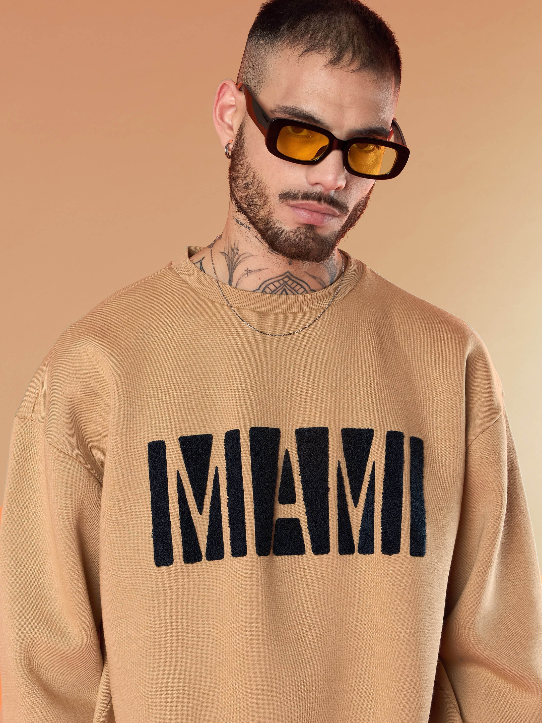 Men Beige MIAMI Embroidery Oversize Sweatshirt