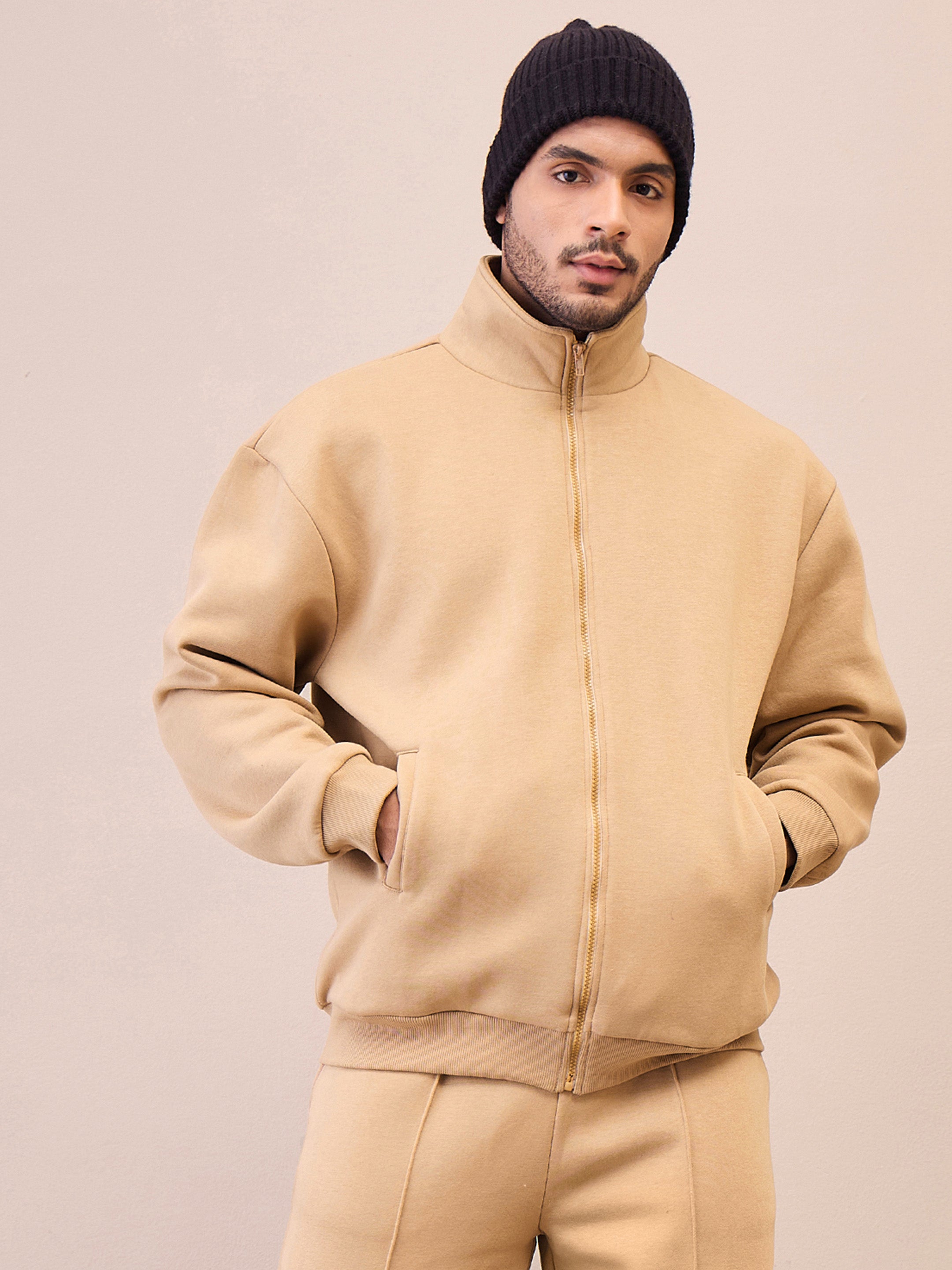 Men Beige Front Zipper Oversize Sweatshirt