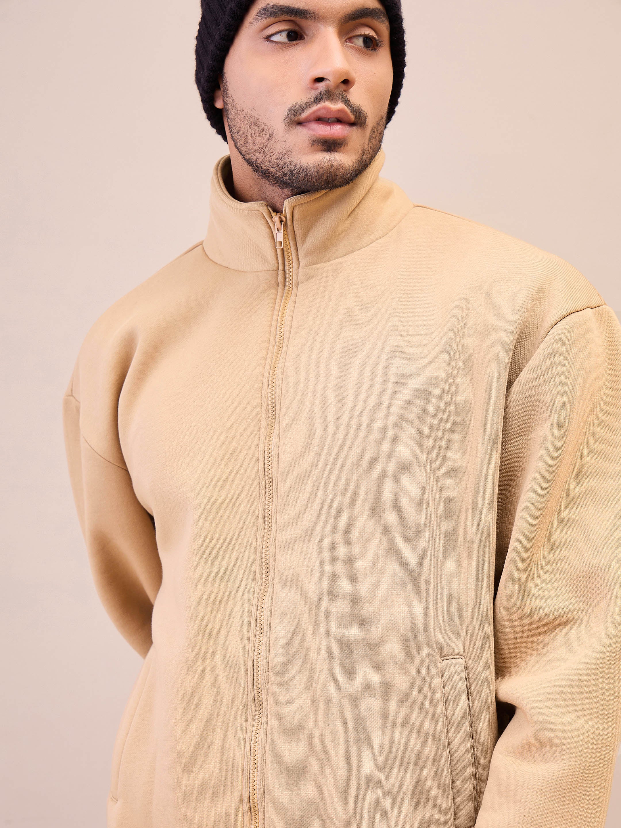 Men Beige Front Zipper Oversize Sweatshirt