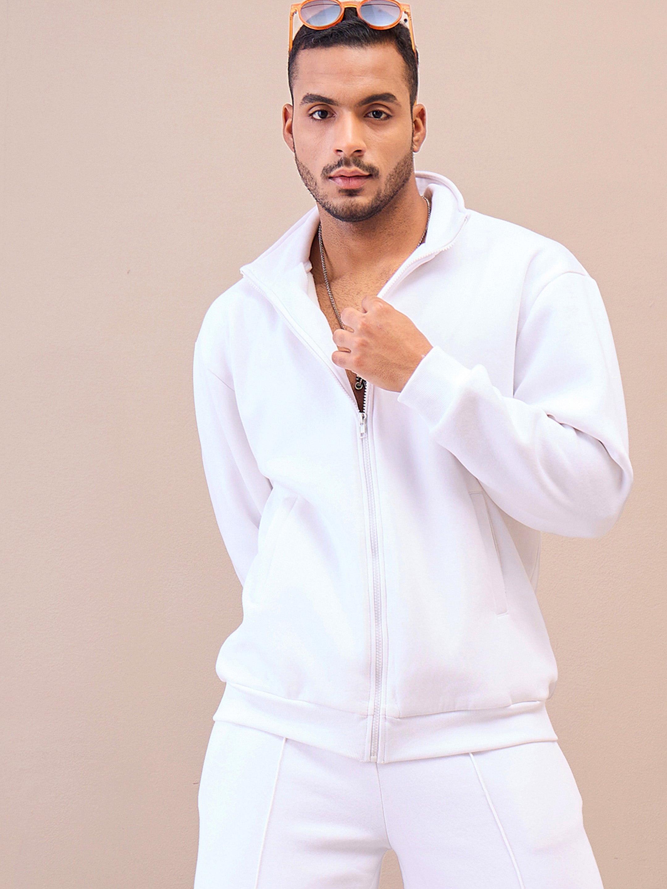 Men White Front Zipper Oversize Sweatshirt