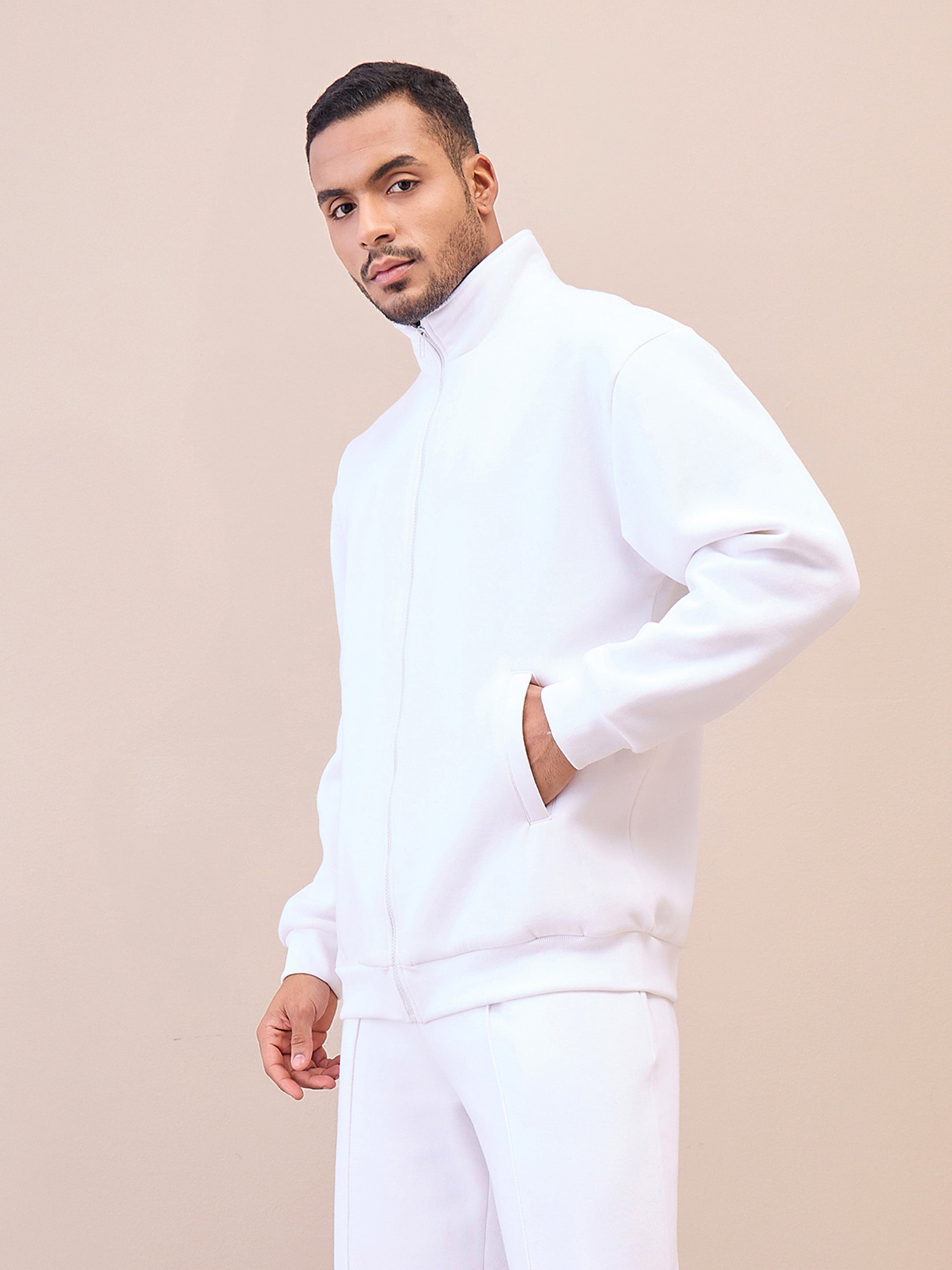 Men White Front Zipper Oversize Sweatshirt