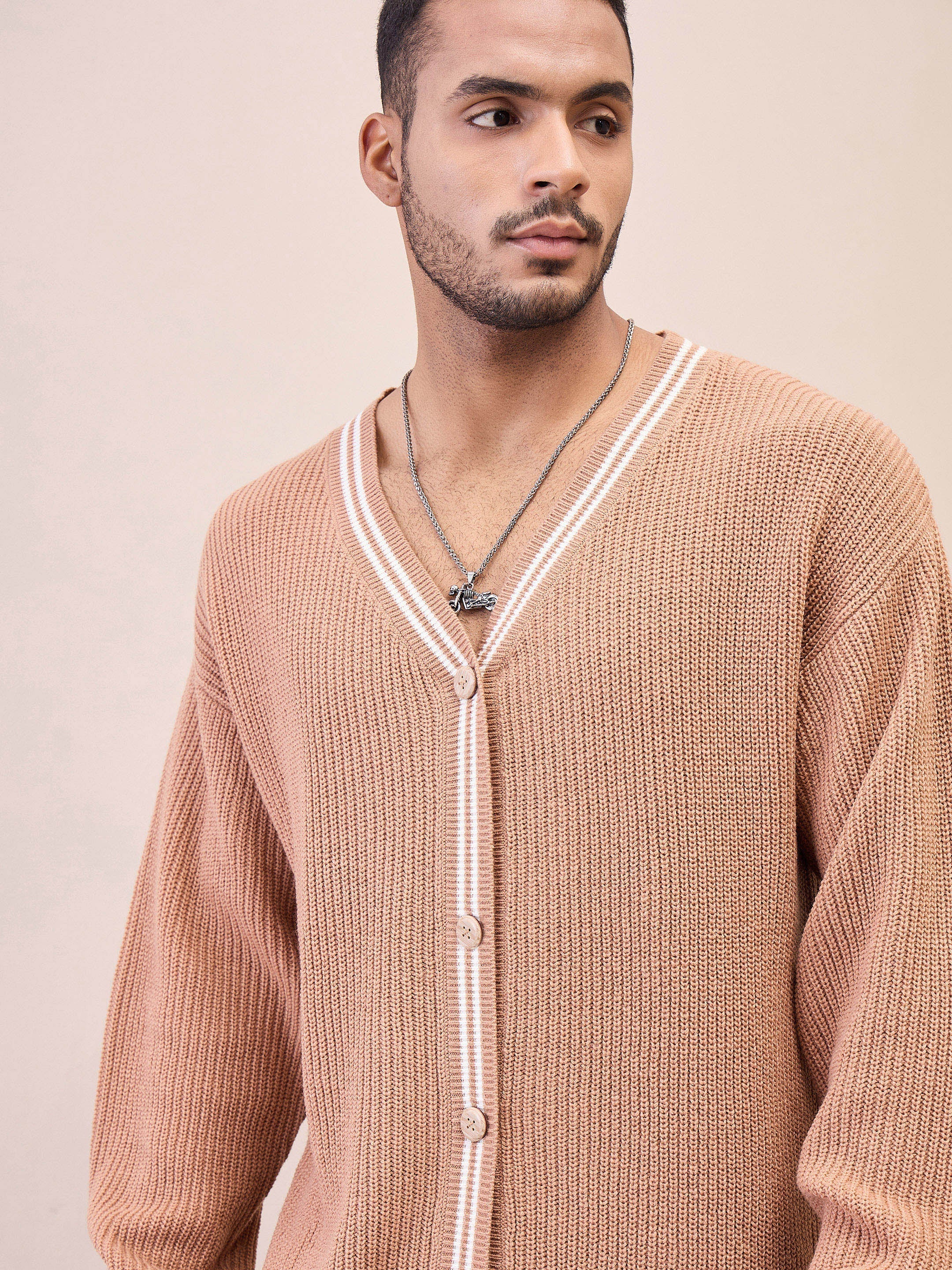 Men Unisex Beige & Off White Front Button Cardigan