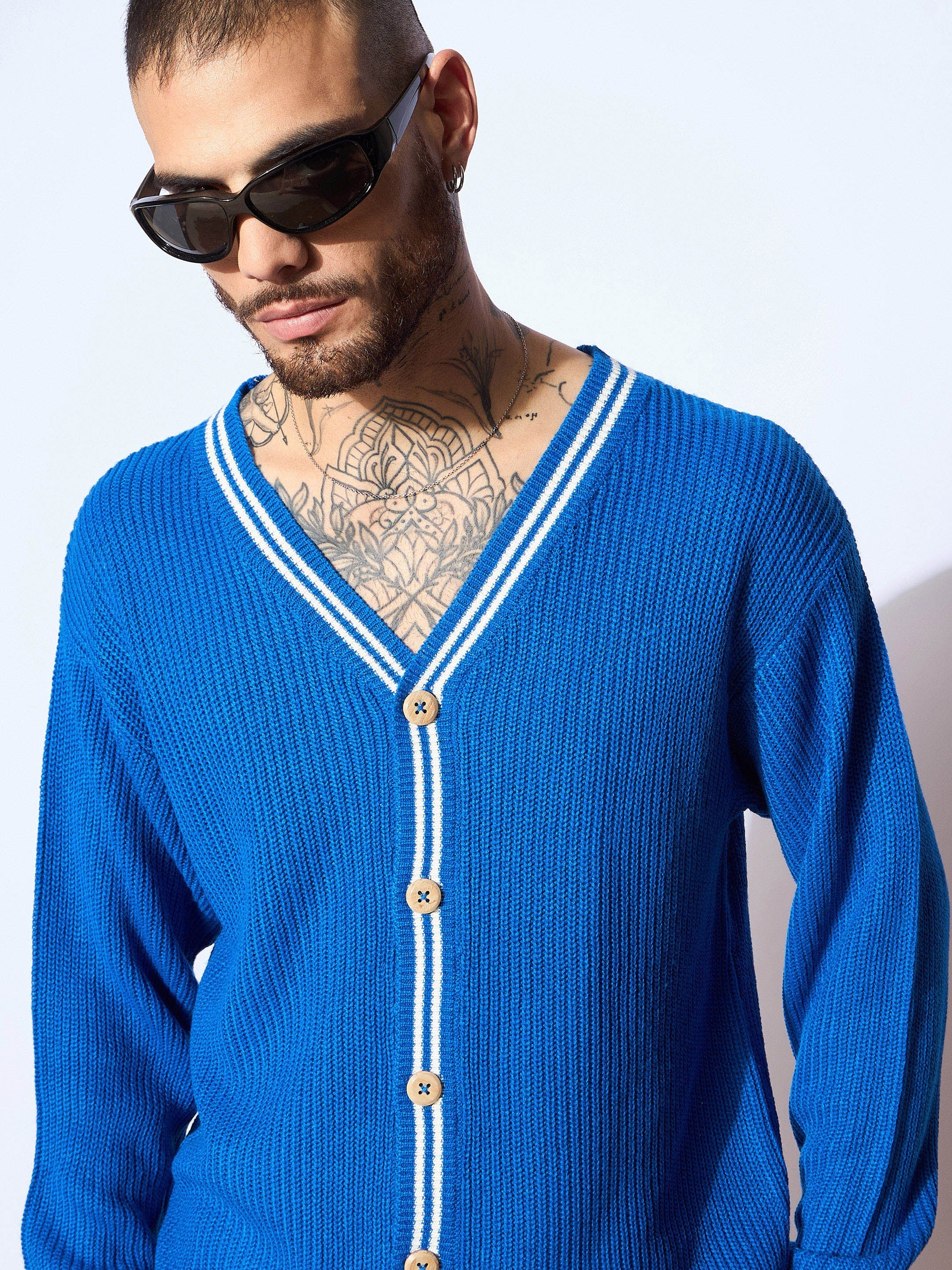 Men Unisex Blue & White Front Button Cardigan