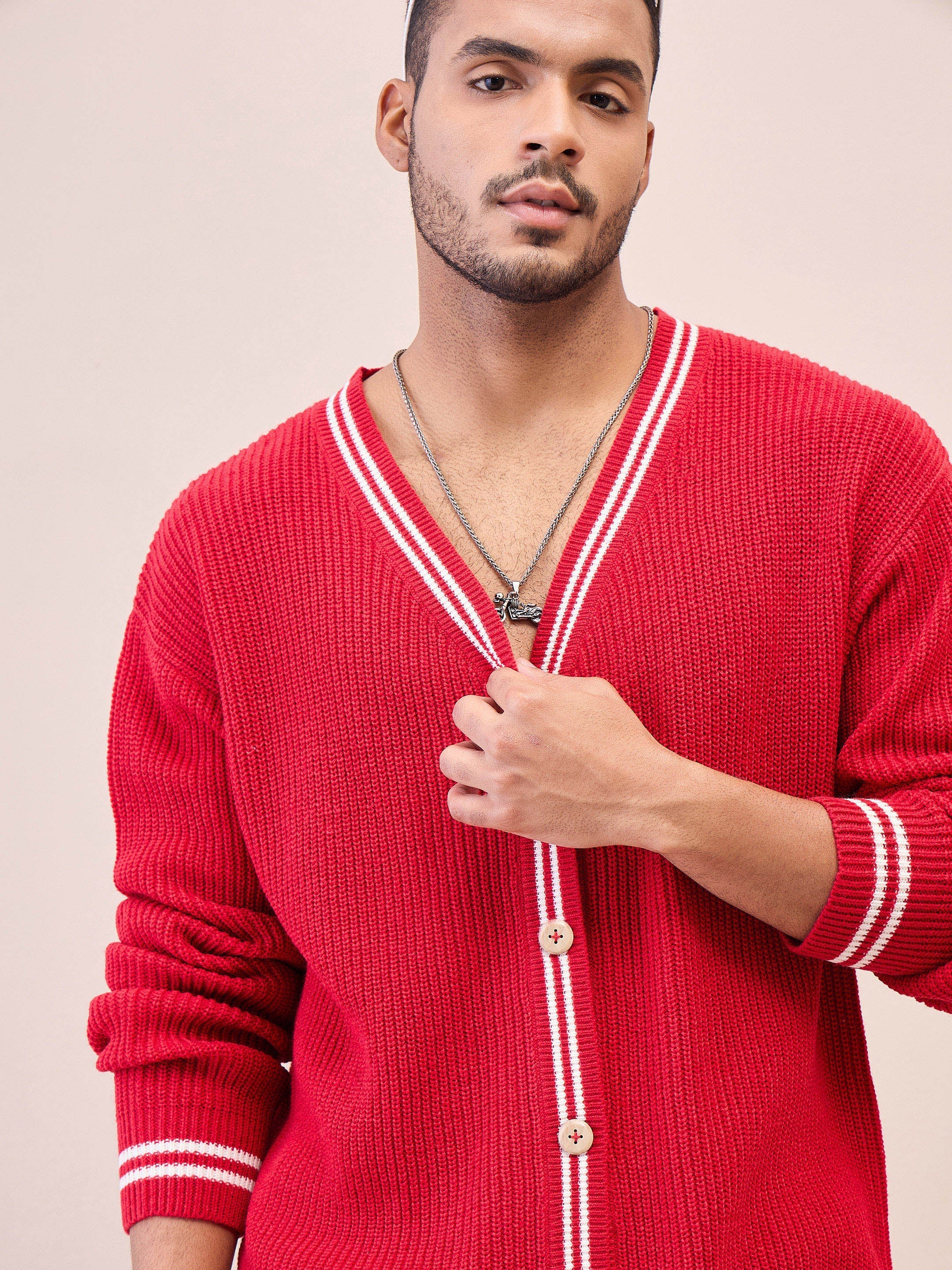 Men Unisex Red & Off White Front Button Cardigan