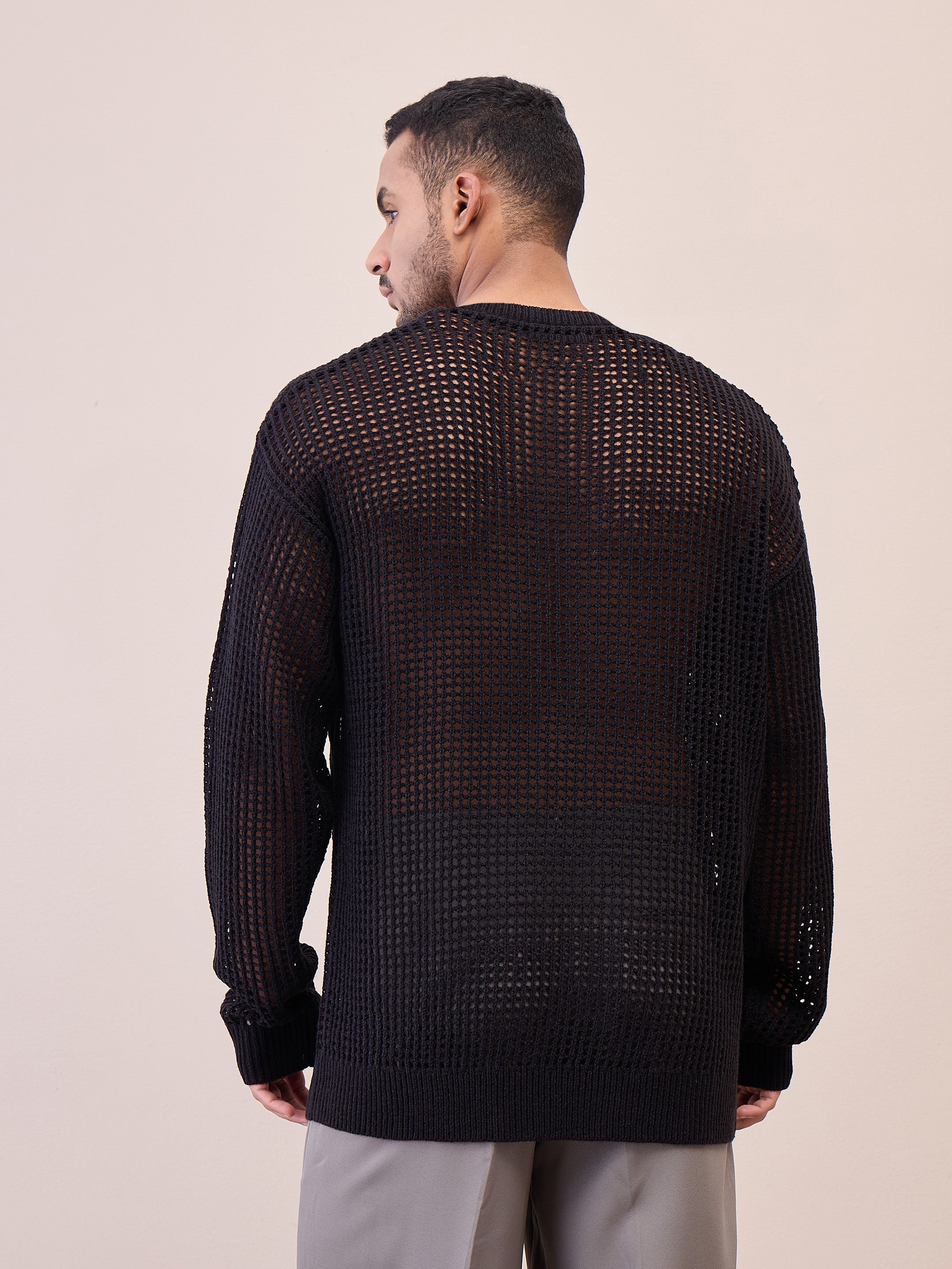 Men Unisex Black Oversize Crochet Sweater