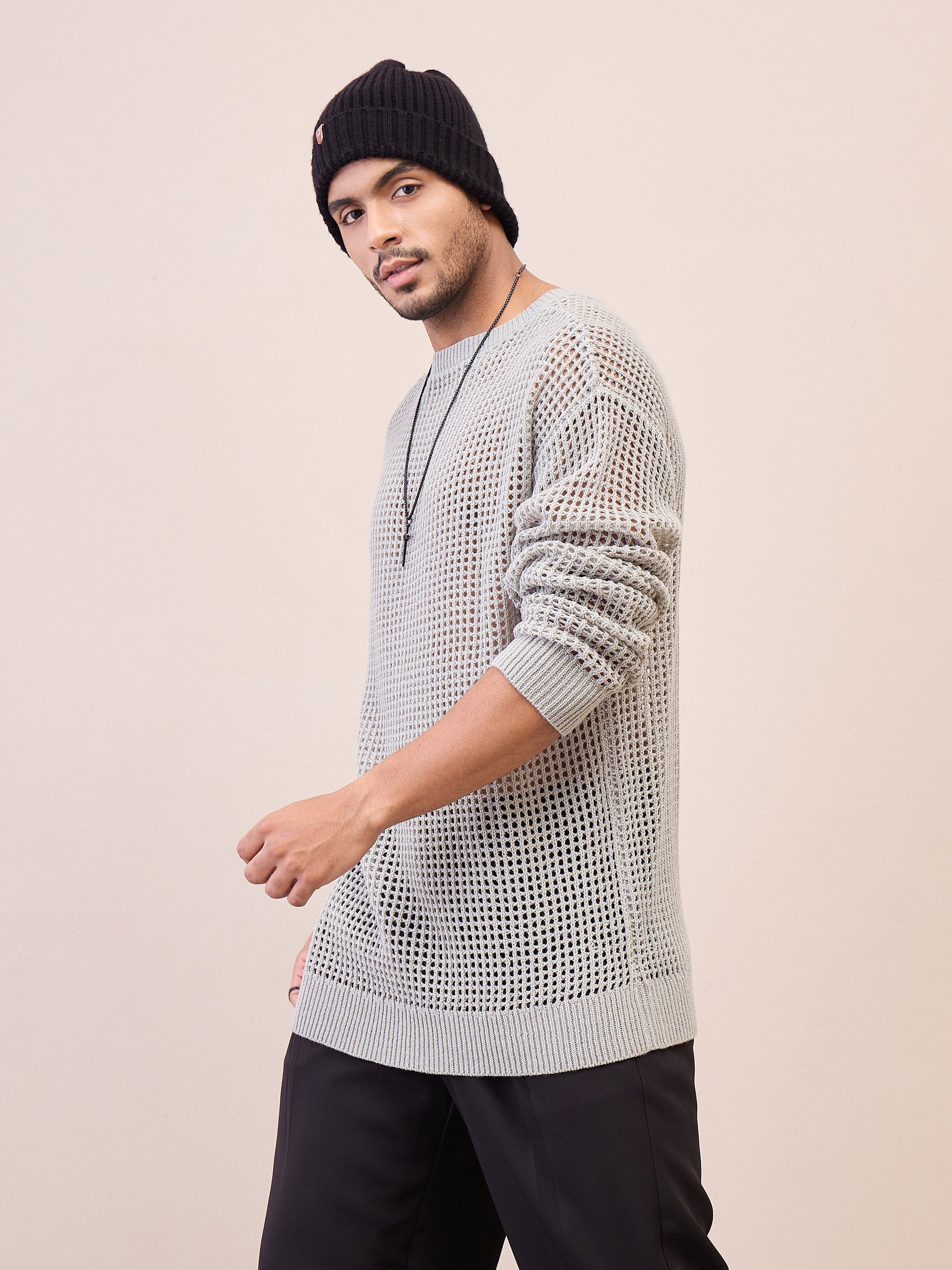 Men Unisex Light Grey Oversize Crochet Sweater