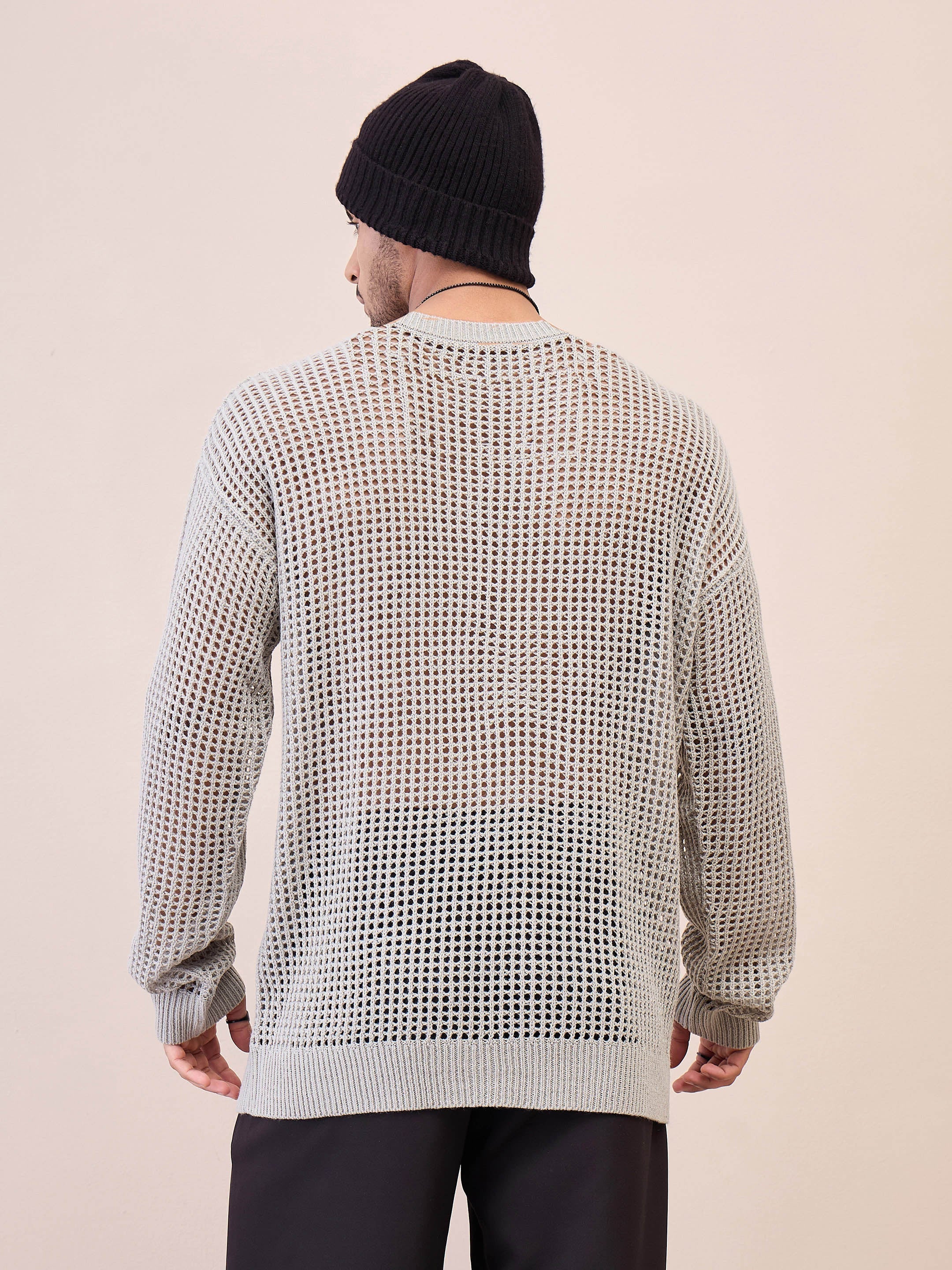 Men Unisex Light Grey Oversize Crochet Sweater