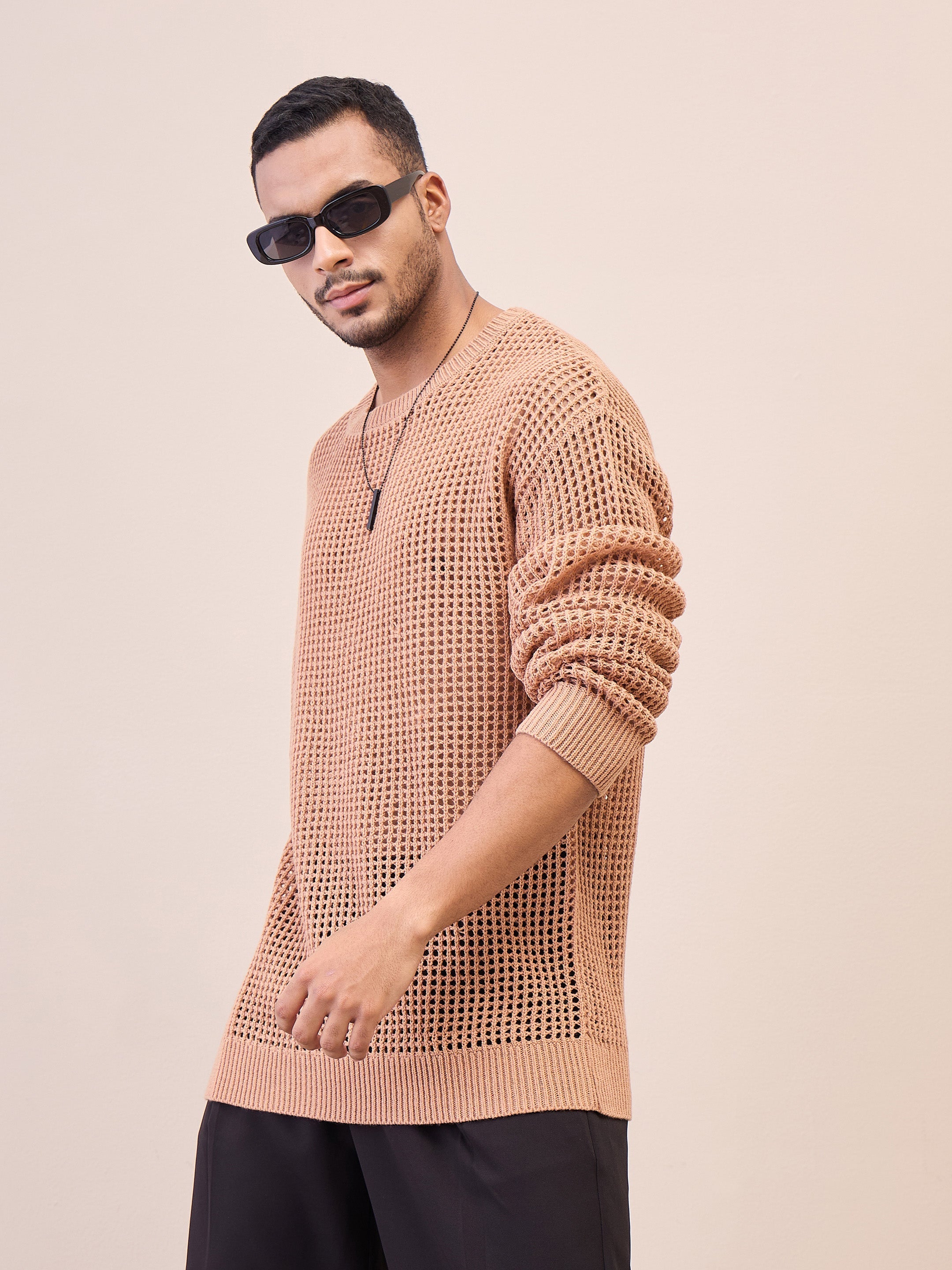 Men Unisex Beige Oversize Crochet Sweater