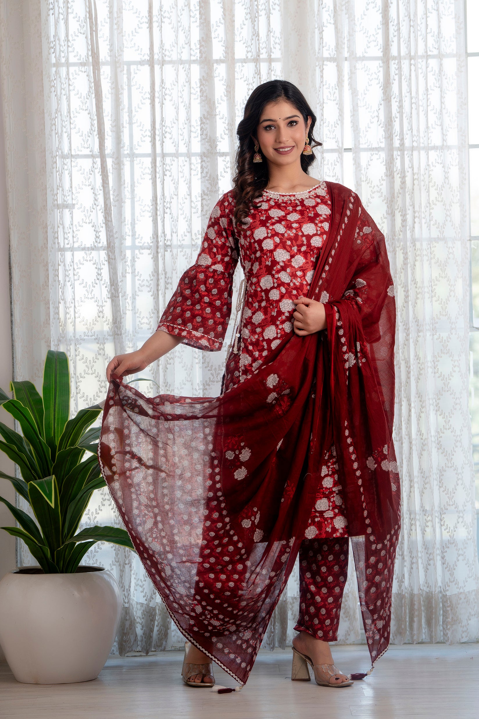 Maroon Printed Cotton Suit with Dupatta