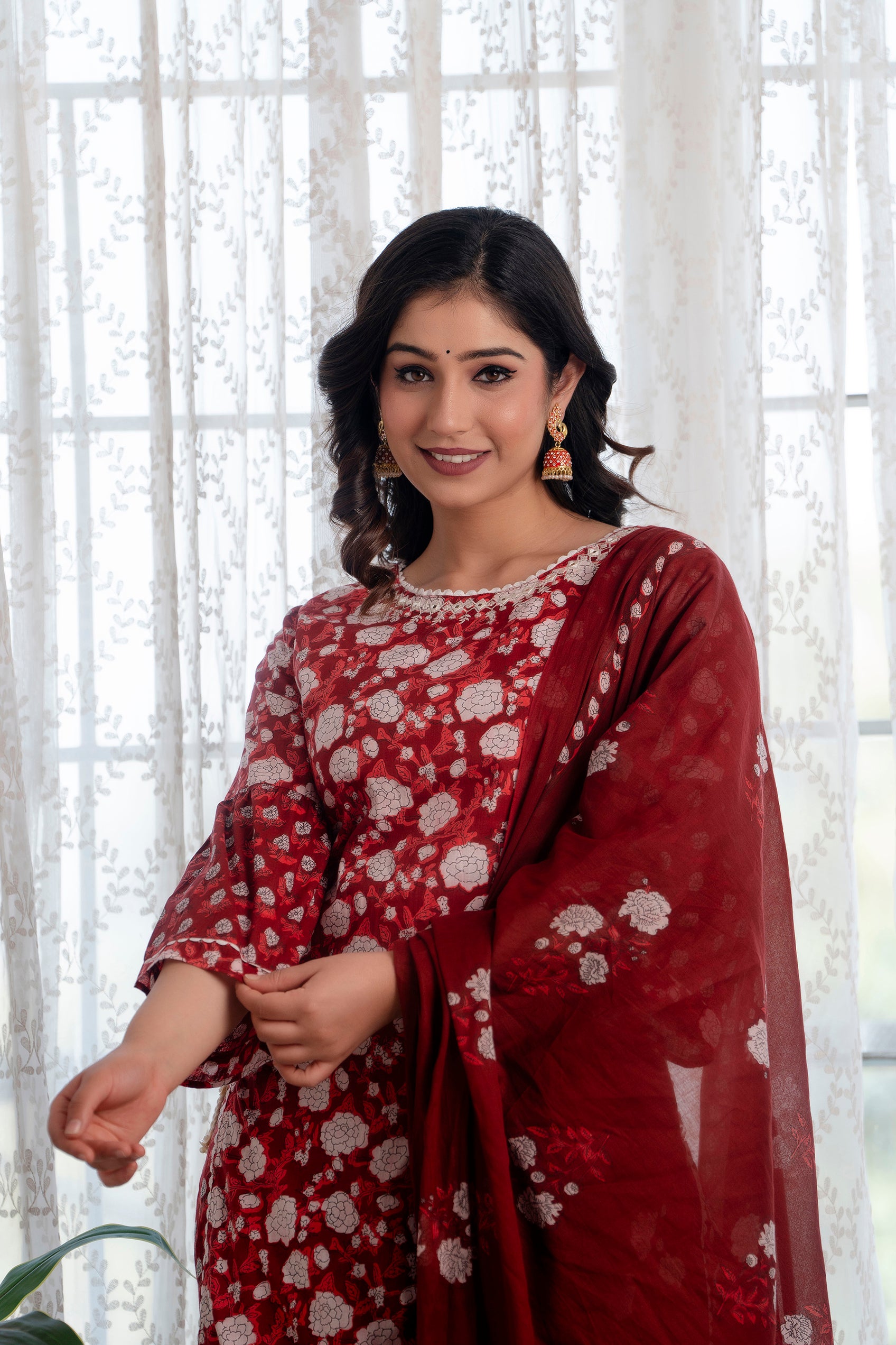 Maroon Printed Cotton Suit with Dupatta