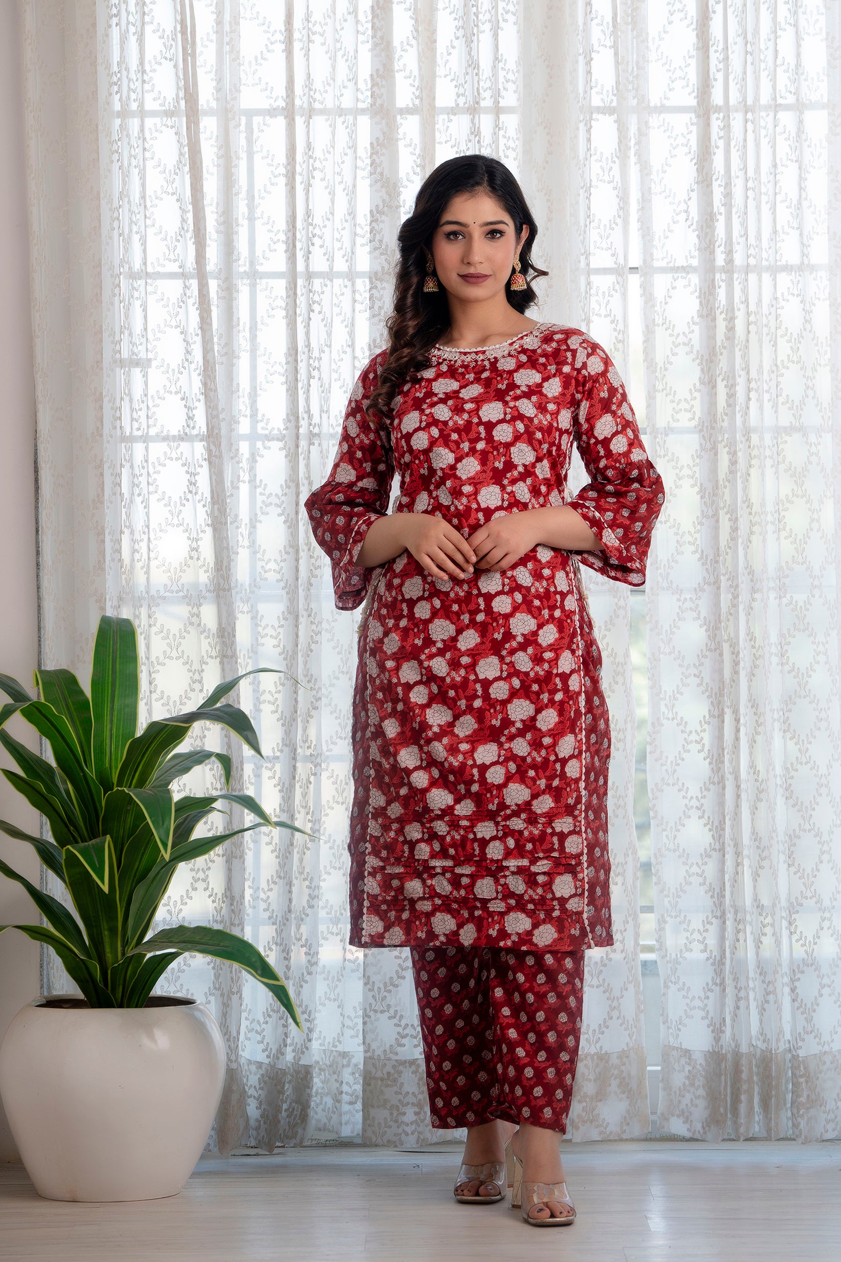 Maroon Printed Cotton Suit with Dupatta