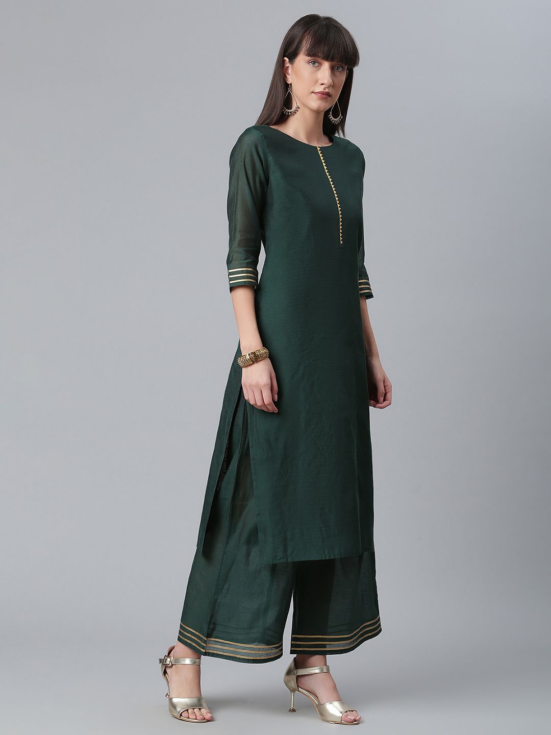 Dark Green Chanderi Solid Kurta With Palazzo And Dupatta Set