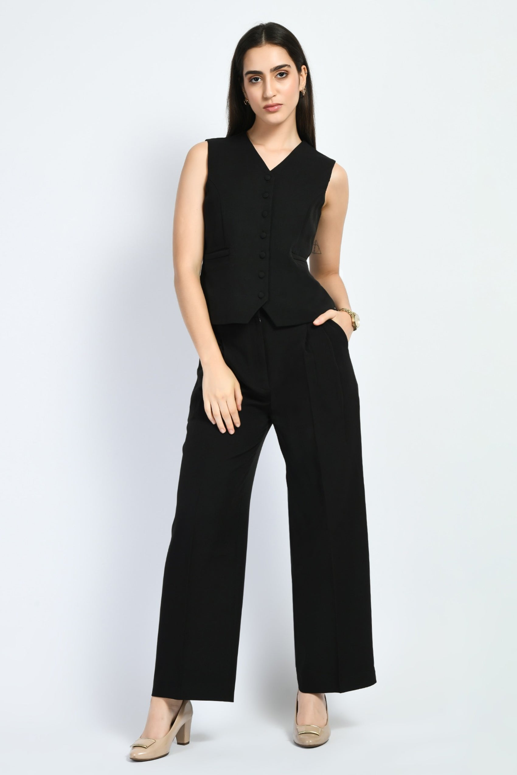 Exude Elusiveness Solid Wide Leg Trousers With Waist-Coat Top Co-ord