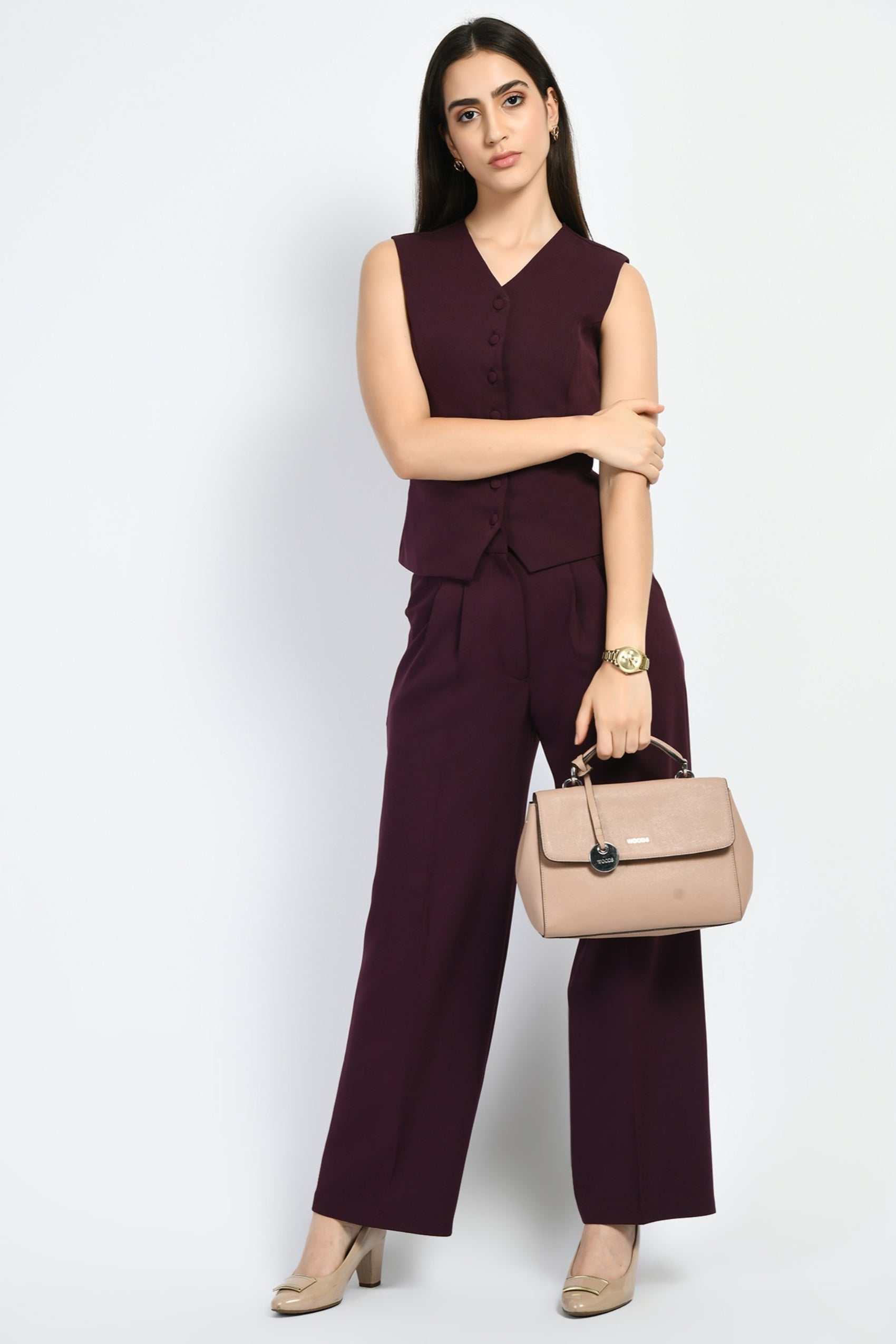 Exude Elusiveness Solid Wide Leg Trousers With Waist-Coat Top Co-ord