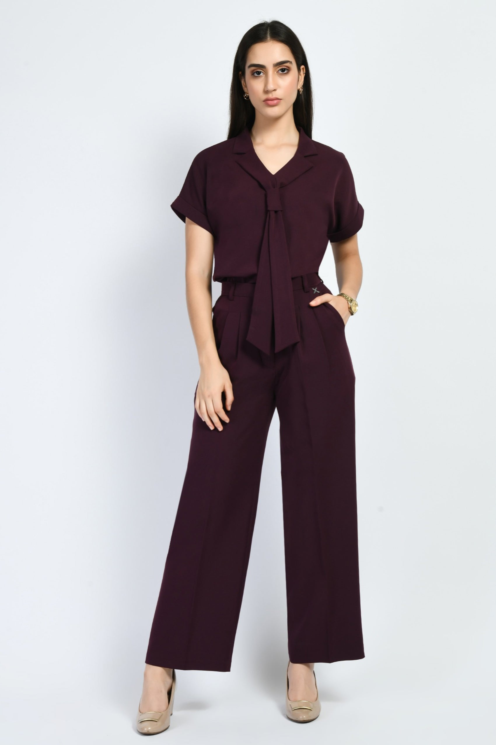 Exude Magnetism Solid Wide Leg Trousers With Blazer Tie Top Co-ord