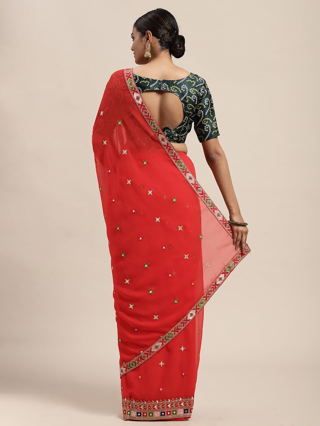 Georgette Red Embroidered Designer Saree With Blouse