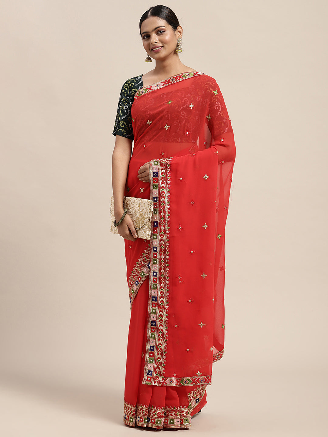 Georgette Red Embroidered Designer Saree With Blouse