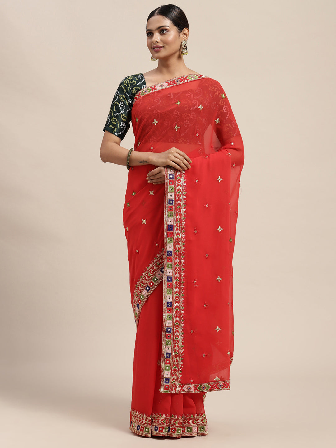 Georgette Red Embroidered Designer Saree With Blouse