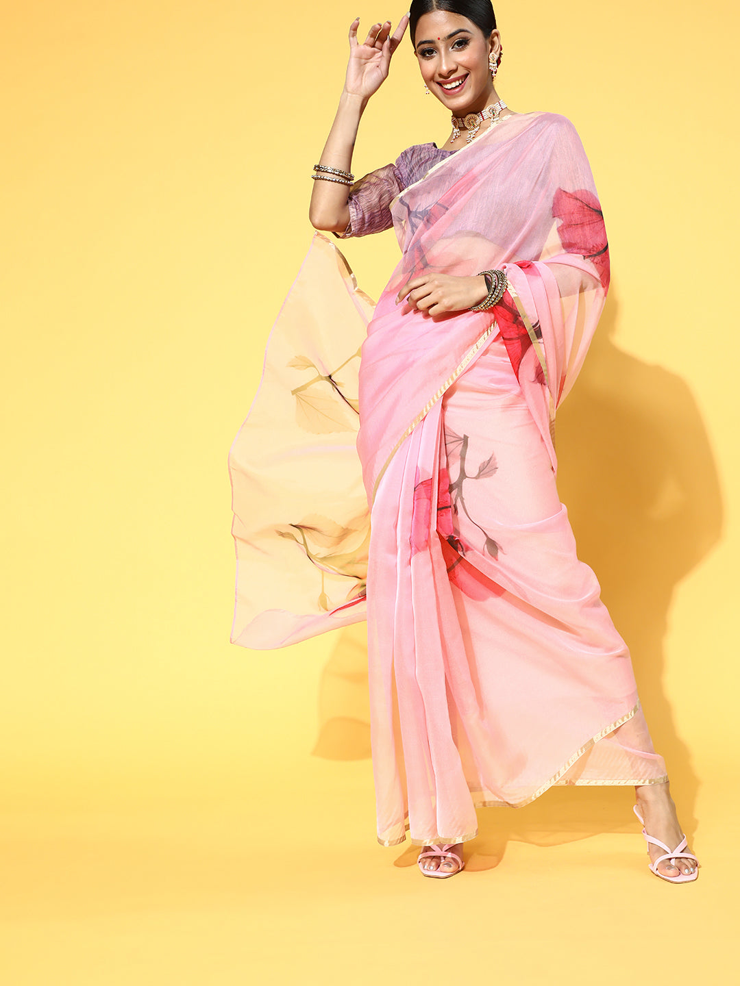 Organza Pink Printed Celebrity Saree With Blouse