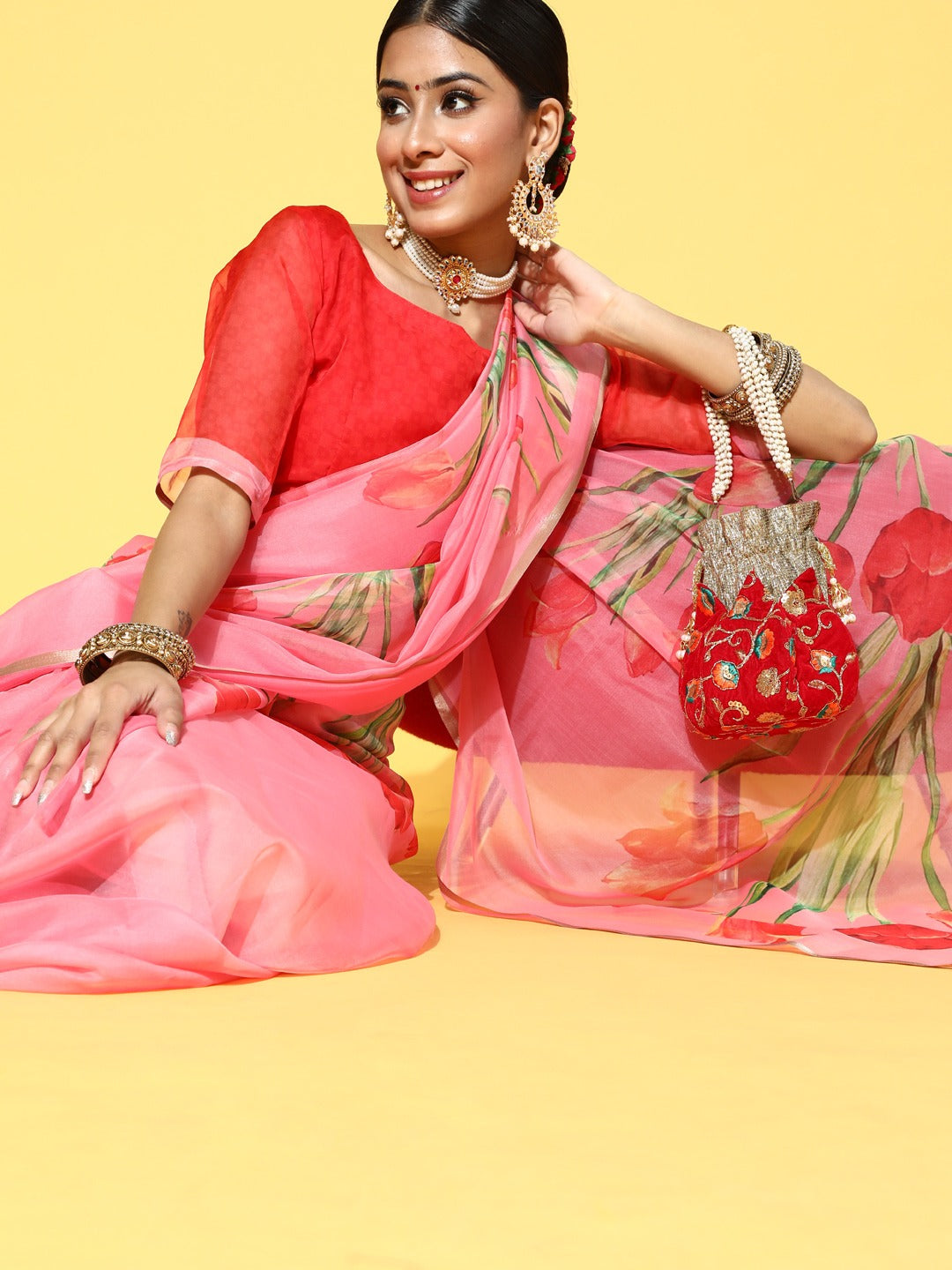 MITERA Organza Orange Printed Celebrity Saree With Blouse