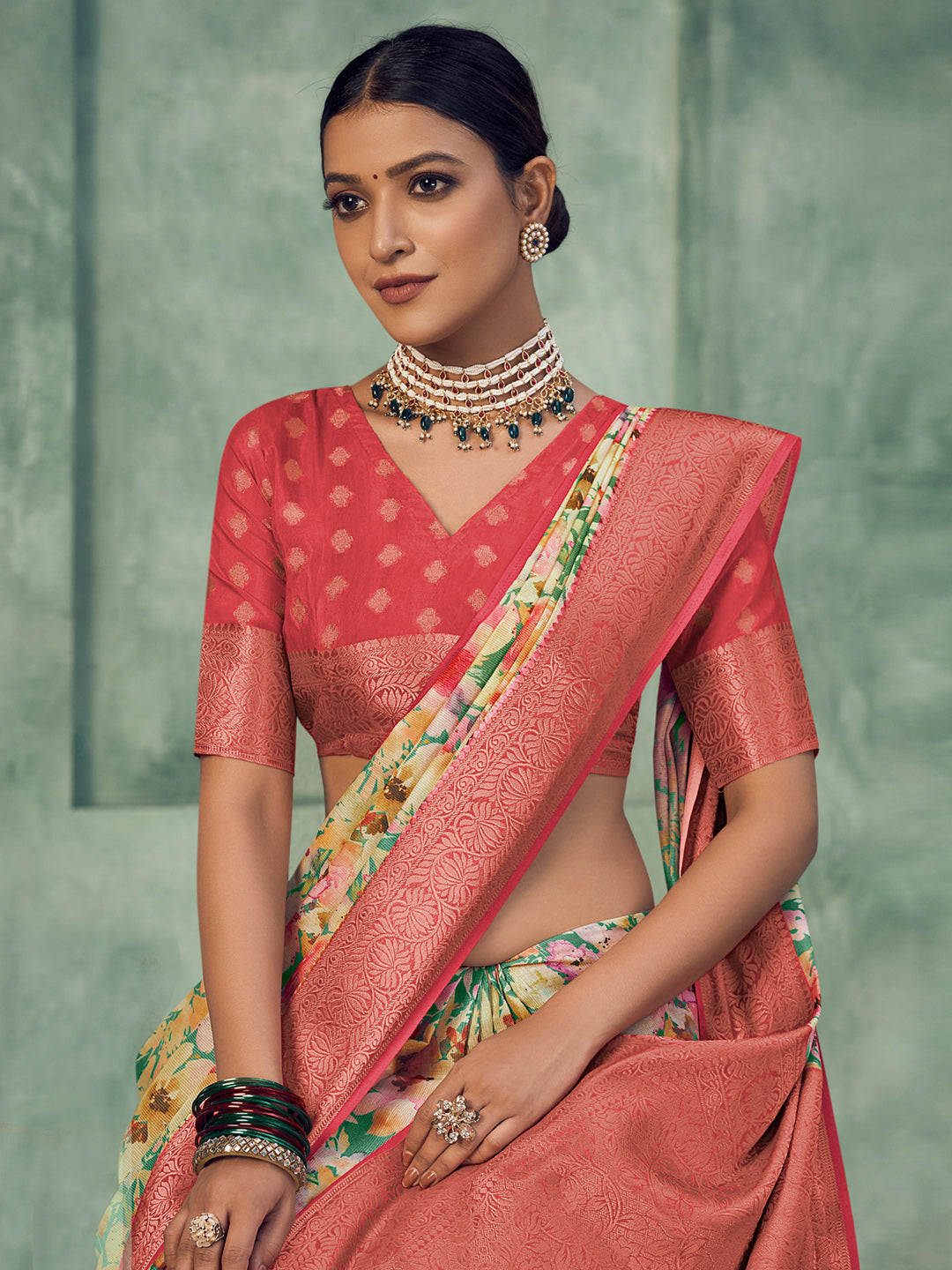 Tussar Silk Teal green Digital Print Celebrity Saree With Blouse