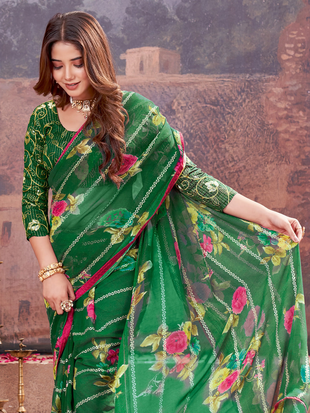 Georgette Green Embellished Designer Saree With Blouse