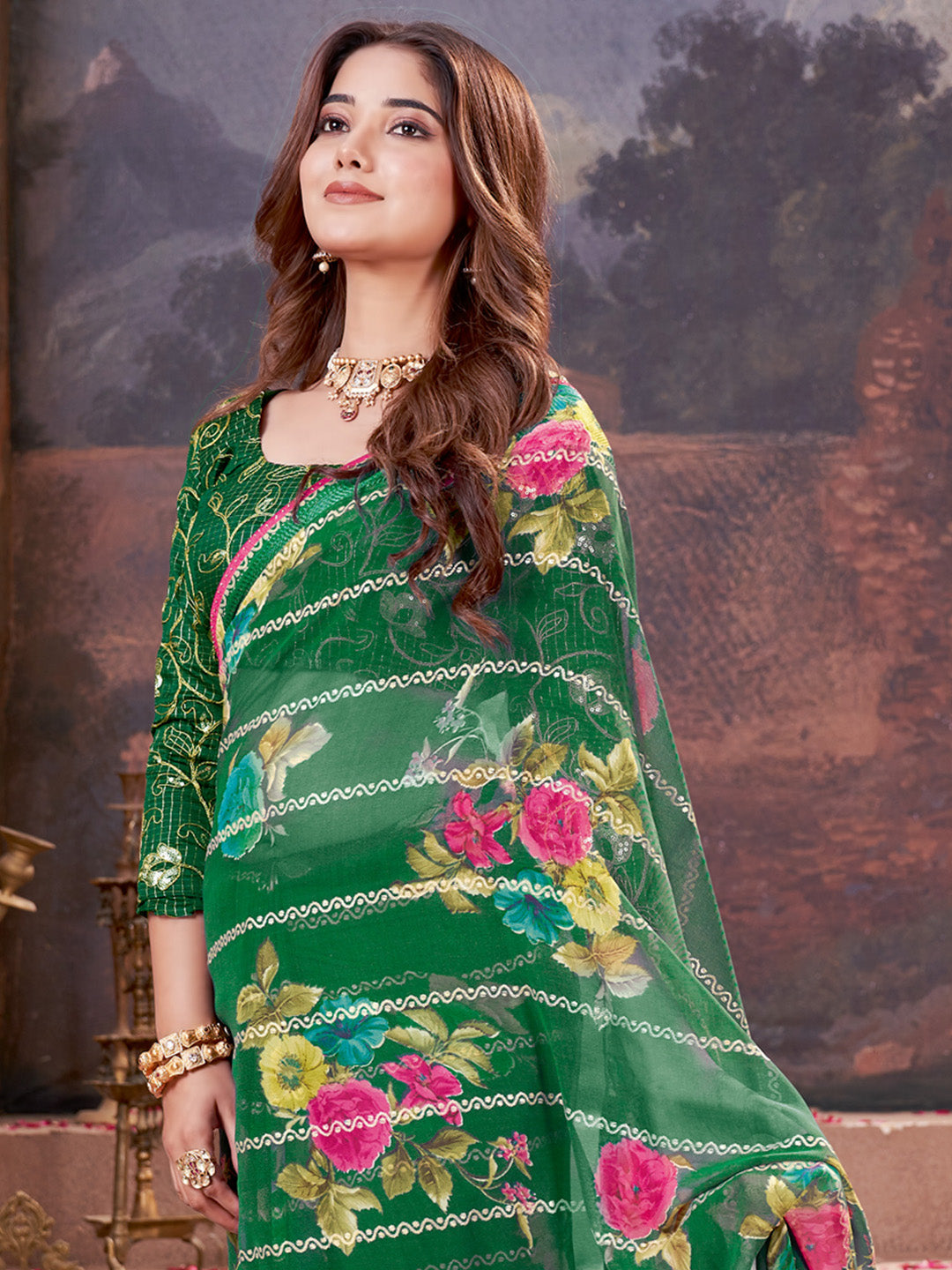 Georgette Green Embellished Designer Saree With Blouse