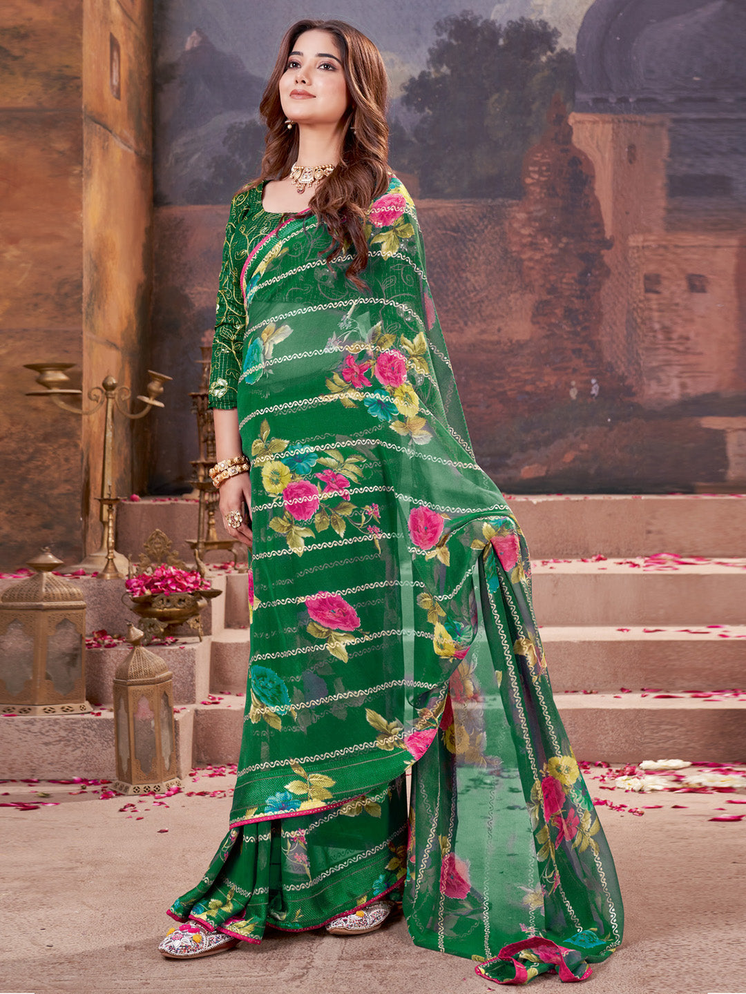 Georgette Green Embellished Designer Saree With Blouse