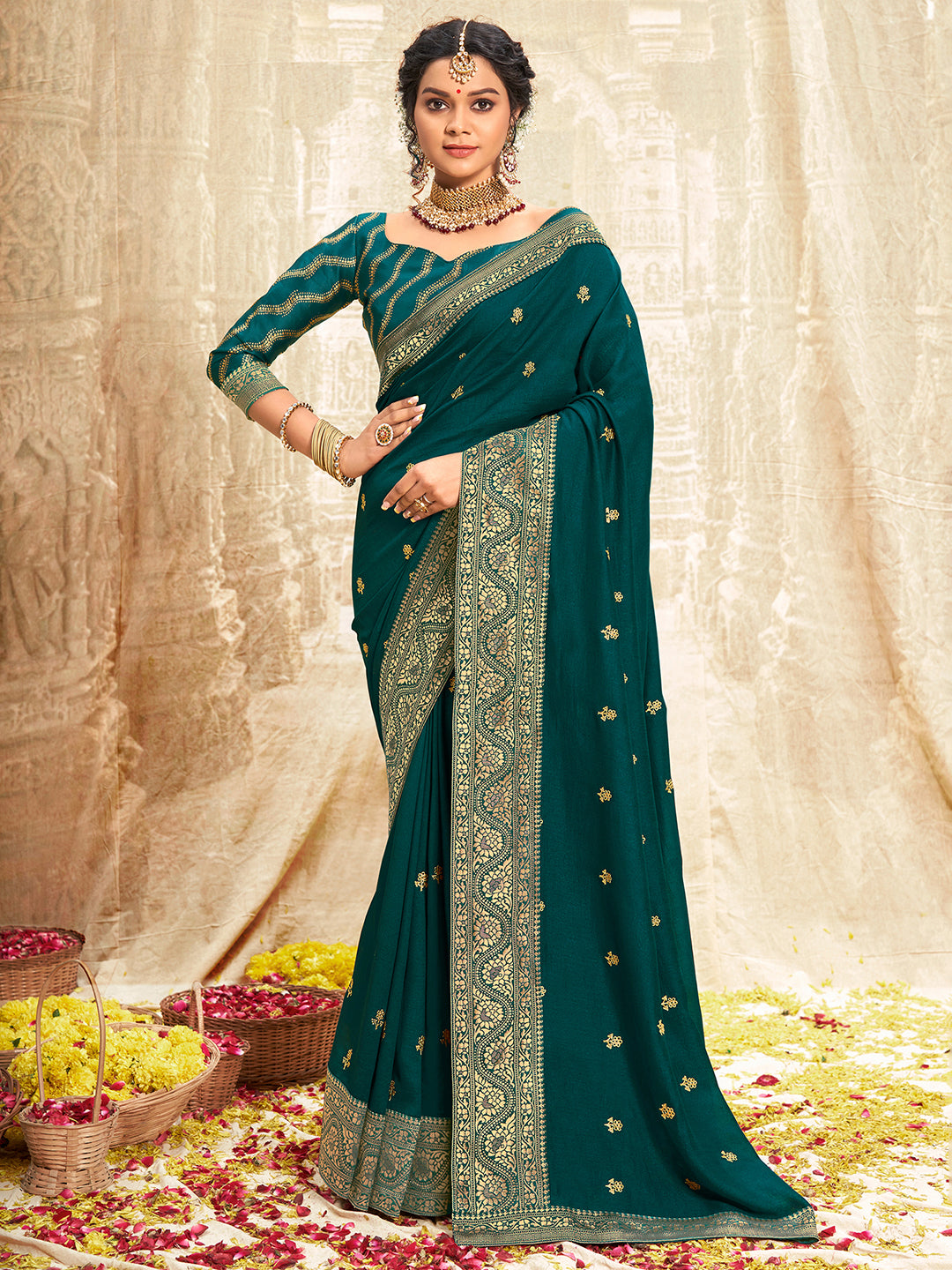 Vichitra Silk Teal blue Embellished Designer Saree With Blouse