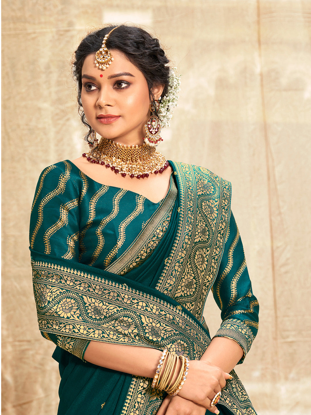Vichitra Silk Teal blue Embellished Designer Saree With Blouse
