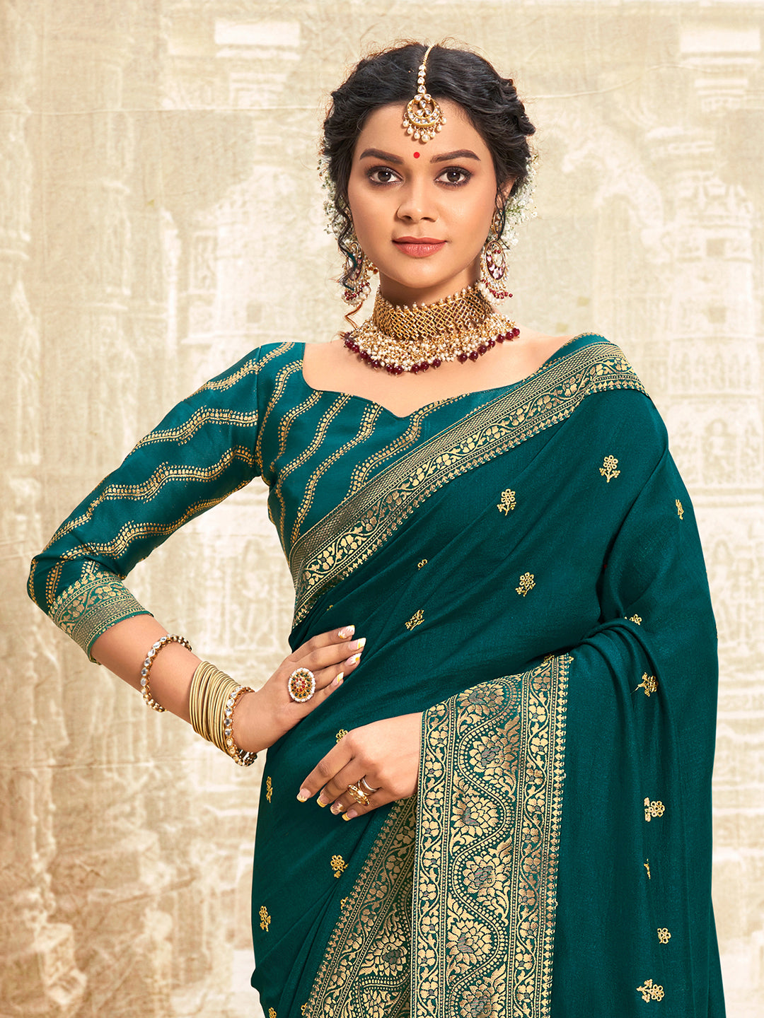 Vichitra Silk Teal blue Embellished Designer Saree With Blouse