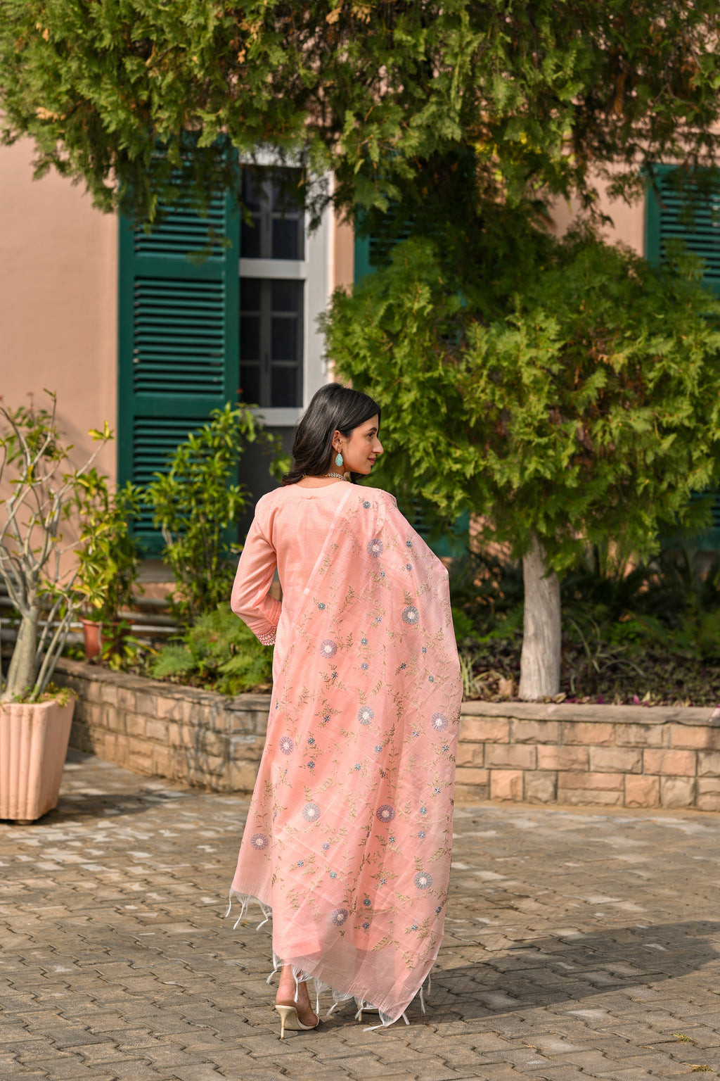 Peach Spring Kota Doriya Thread Work Embroidery Suit Set with Lace -SET OF-3